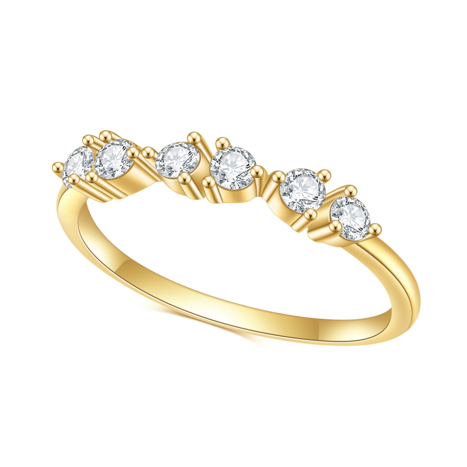 A gold wedding band with 3 pairs of 2 moissanites spaced horizontally on the ring slightly spaced apart.