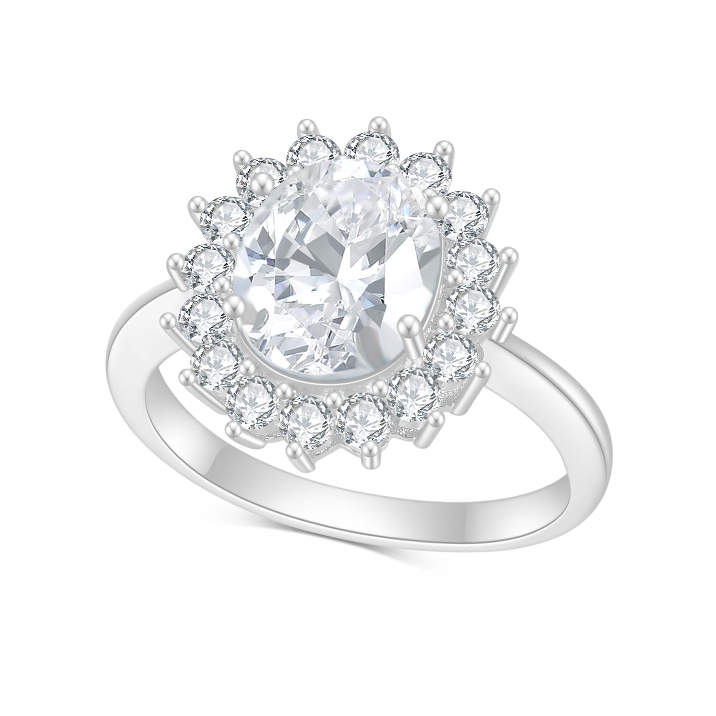 A silver halo ring set with a 3CT oval cut moissanite set in the middle of a ring of clear gems.
