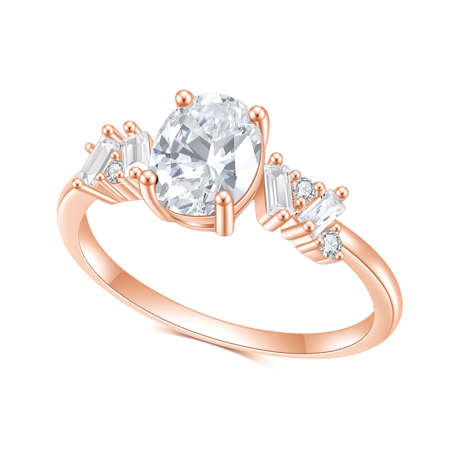 A rose gold ring set with a oval moissanite and 4 alternating emerald and round clear gems on either side.