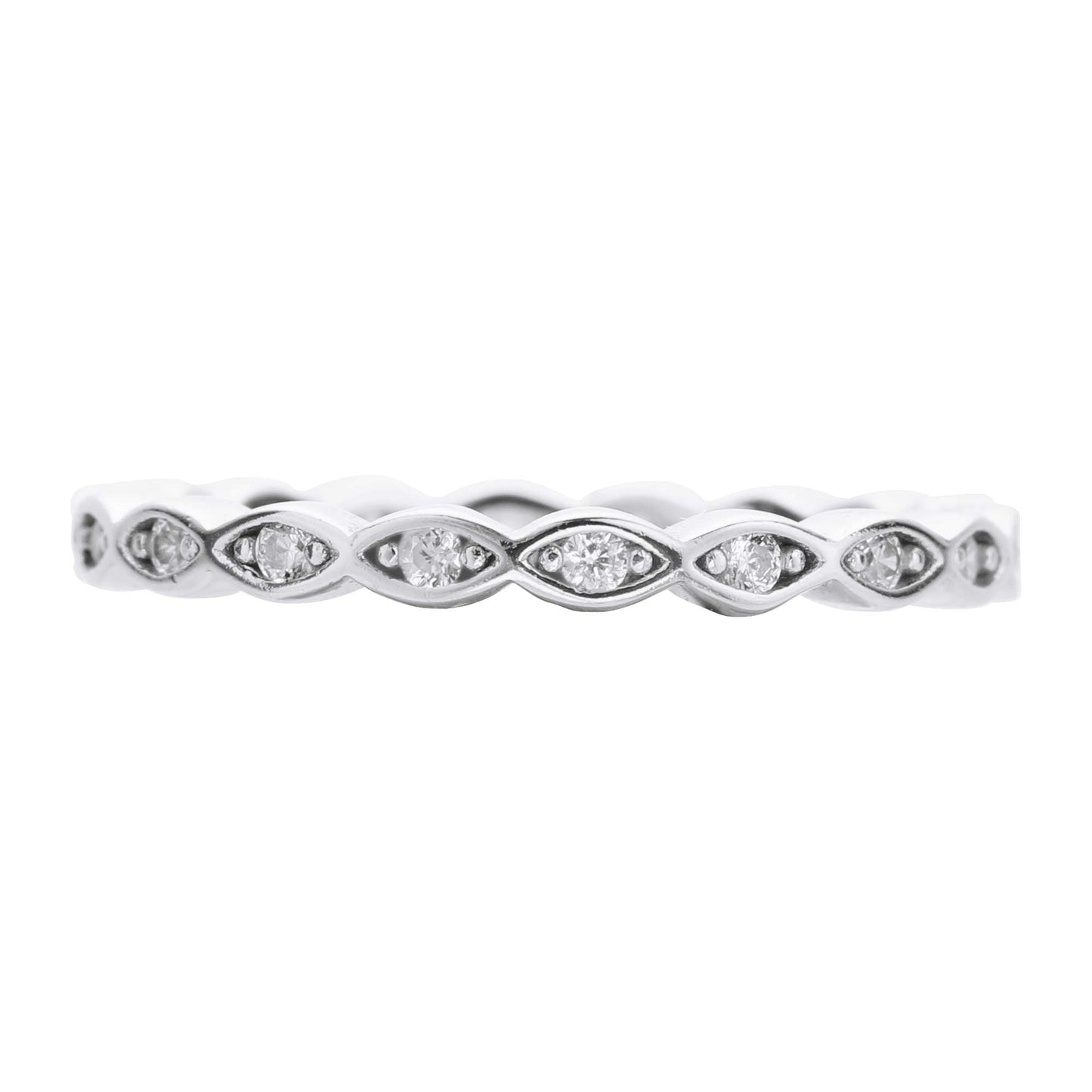 A silver scalloped ring band set with small clear stones.
