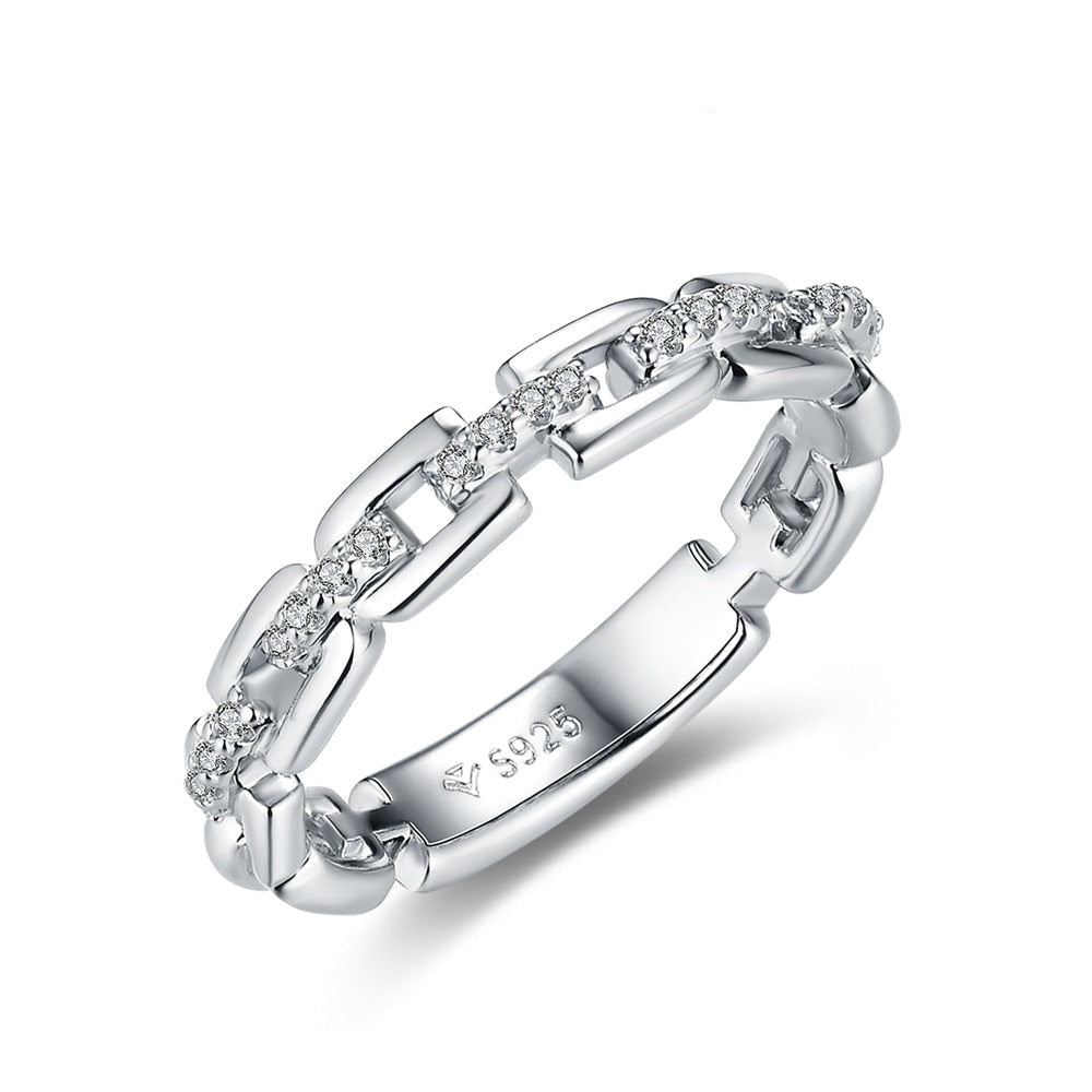 A silver D Link Ring with moissanite studded connectors.