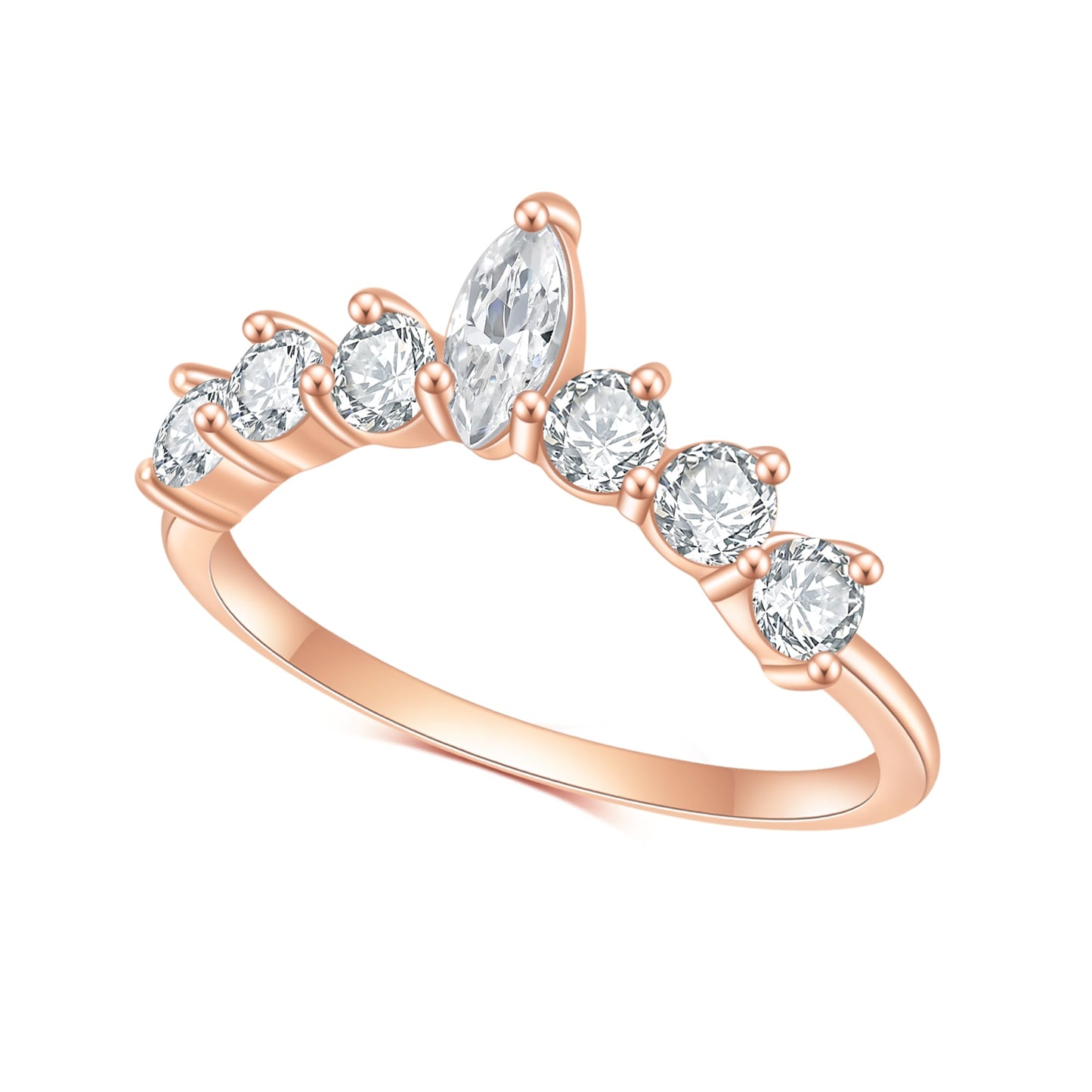 A rose gold slightly curved wedding ring with small round moissanites and a marquise moissanite in the center.