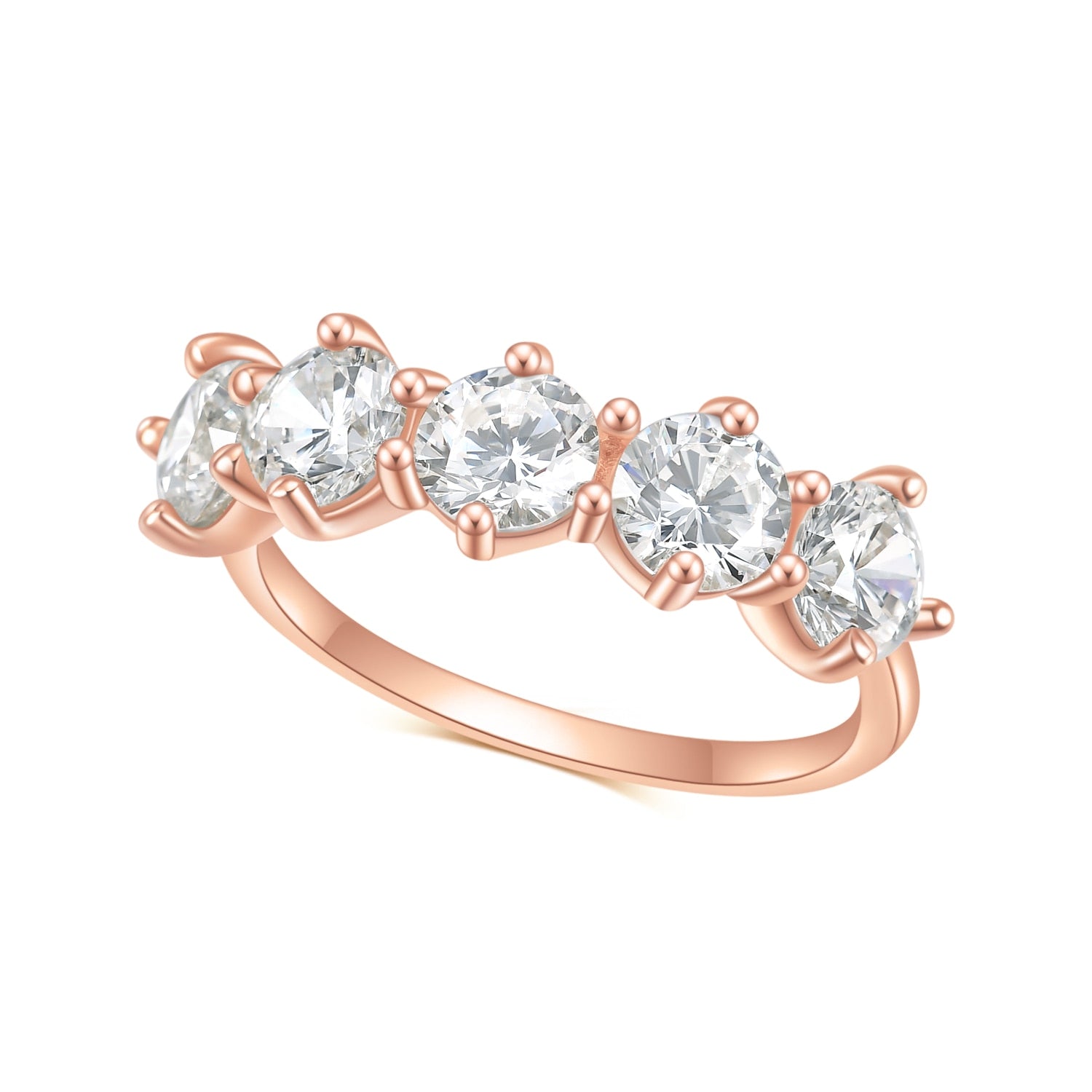 A rose gold ring with 5 half carat round moissanites set horizontally on the band.