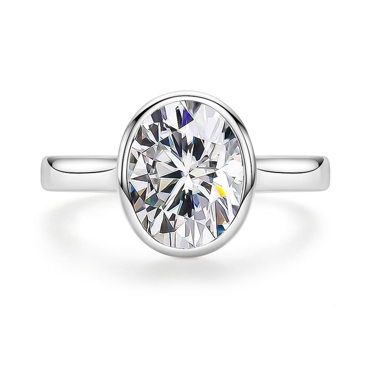 3CT oval cut moissanite set in a sterling silver bezel style setting.