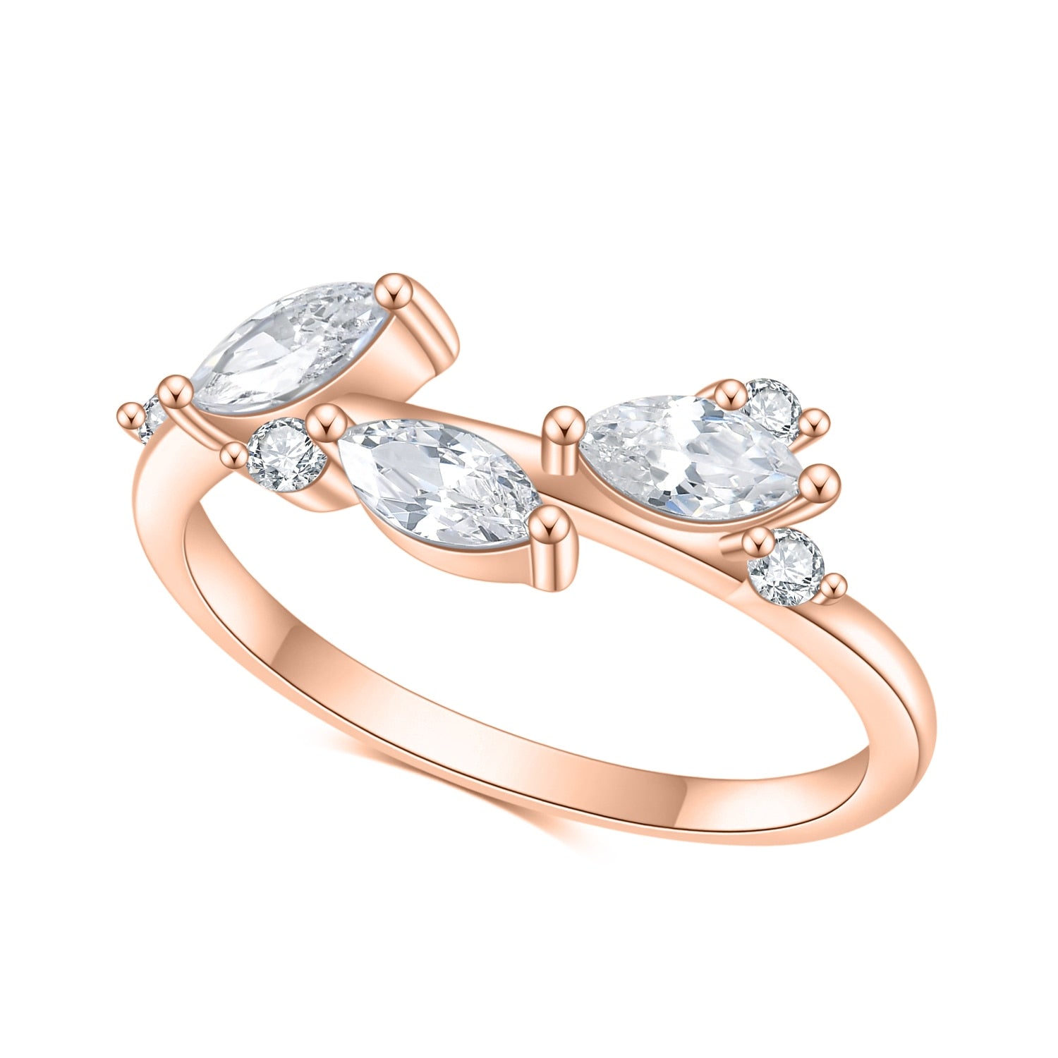 A rose gold wedding ring with three marquise moissanite set like leaves.