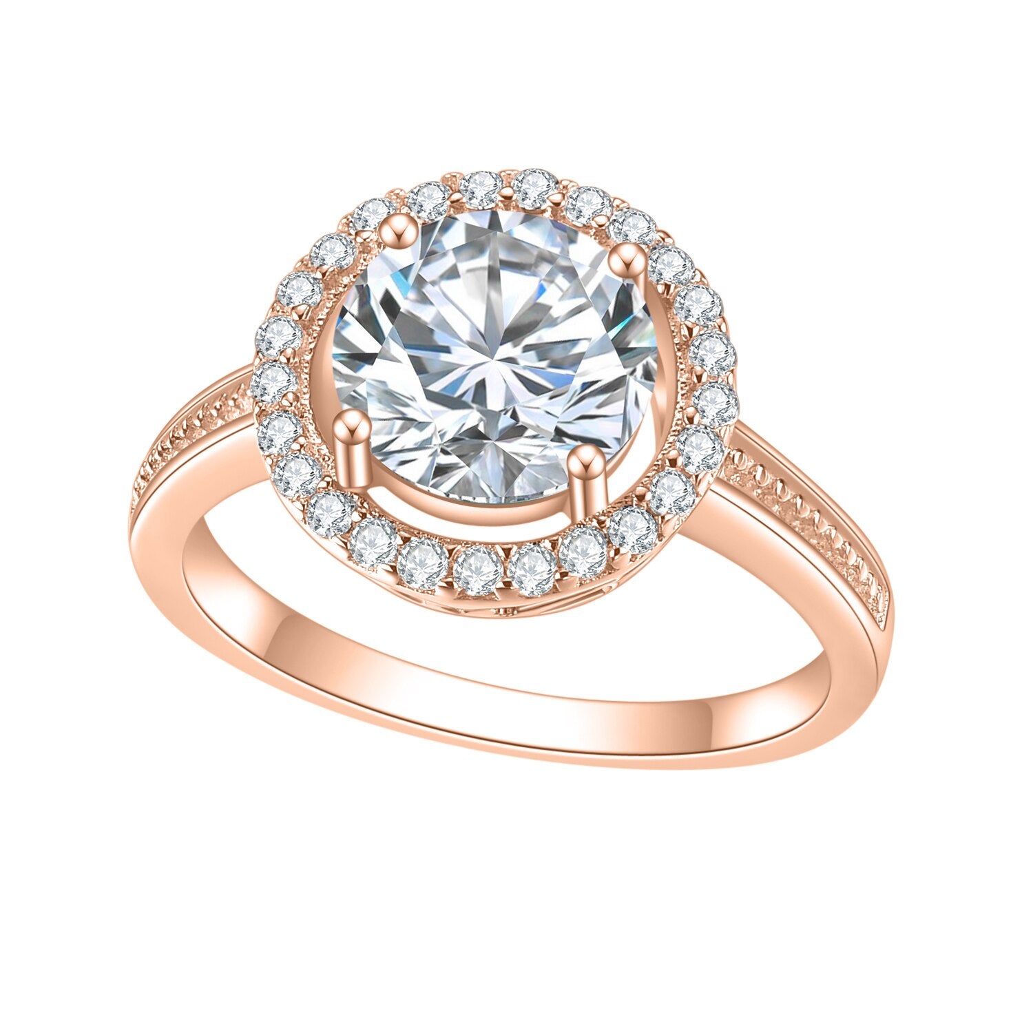 A rose gold halo ring set with a 2CT round moissanite encircled by a clear gem halo and set on a textured band.