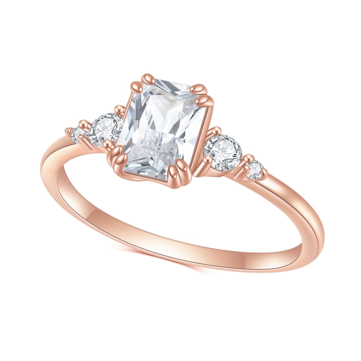 A rose gold ring set with a radiant cut moissanite with zircons on both sides.