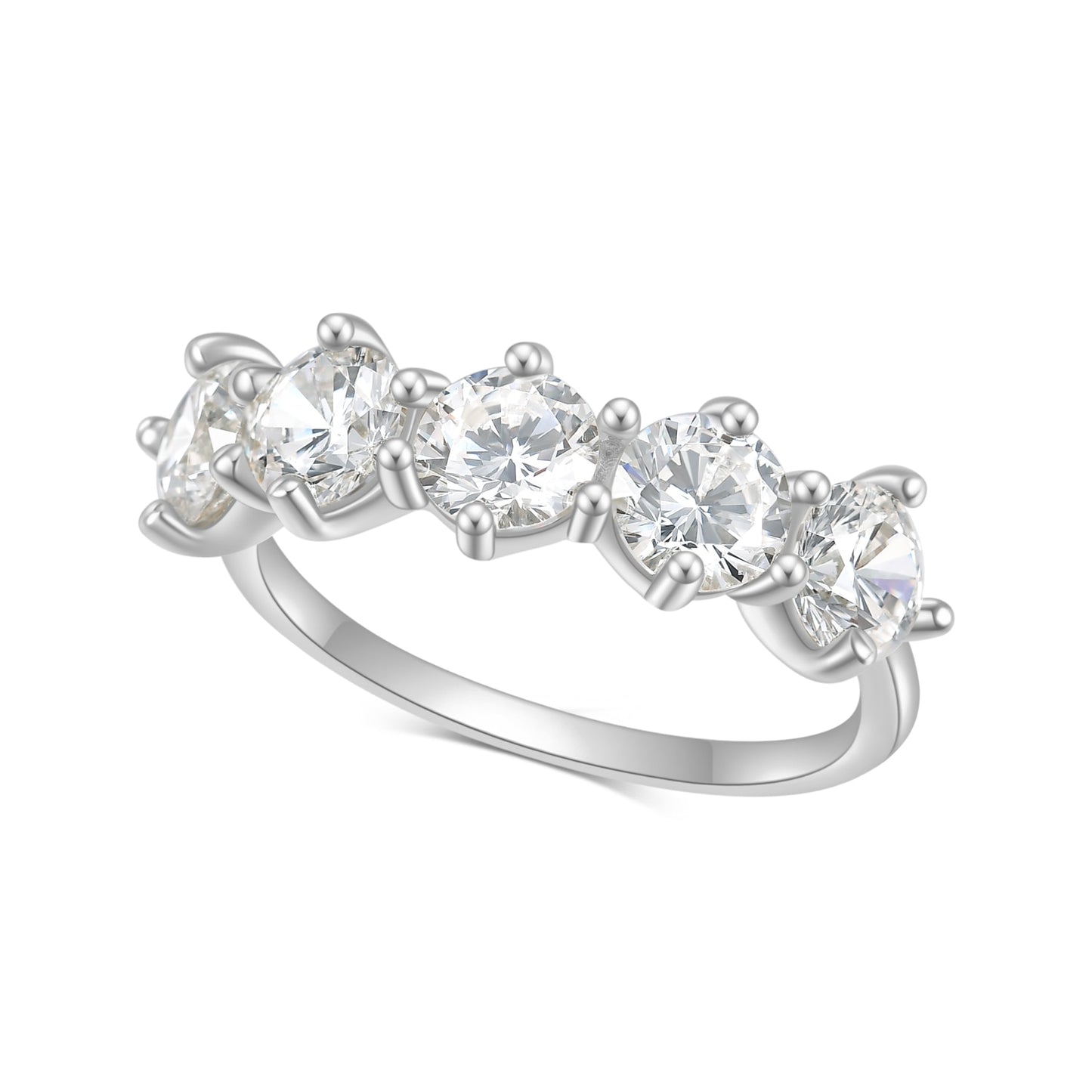 A silver ring with 5 half carat round moissanites set horizontally on the band.