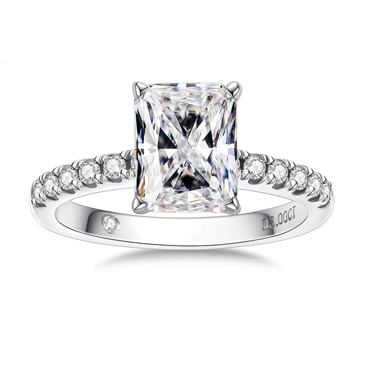 A Moissanite ring with a 3CT radiant cut gem set on a moissanite pave band.
