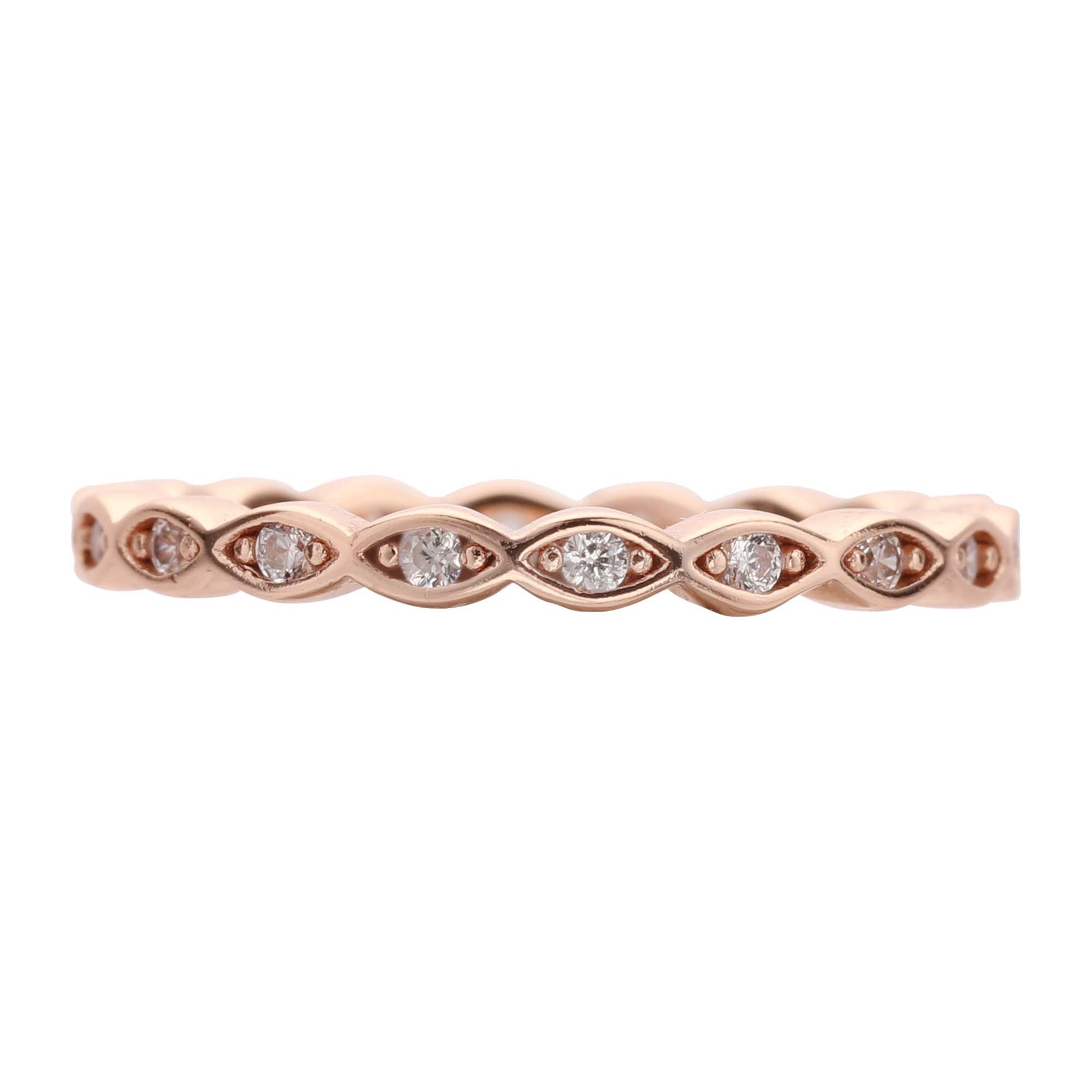 A rose gold scalloped ring band set with small clear stones.