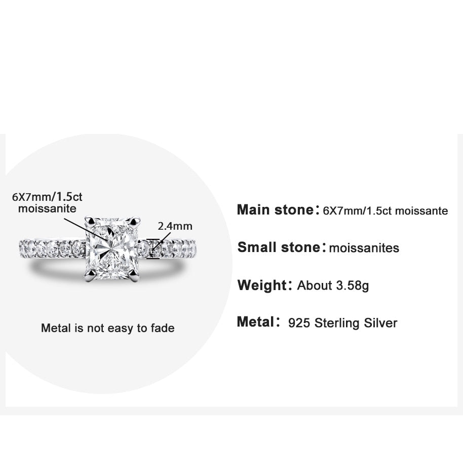 A sterling silver radiant cut moissanite set in a moissanite hidden halo and pave band. Text: Main stone is 6x7mm/1.5CT moissanite. Small stones are all moissanites.