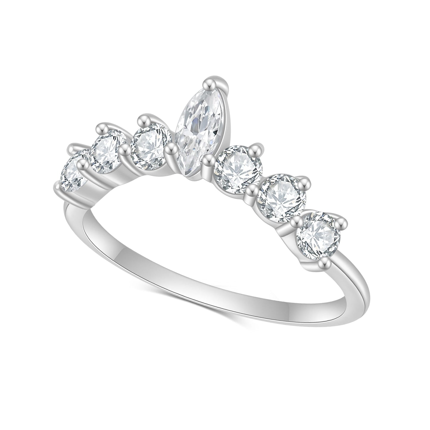 A silver slightly curved wedding ring with small round moissanites and a marquise moissanite in the center.