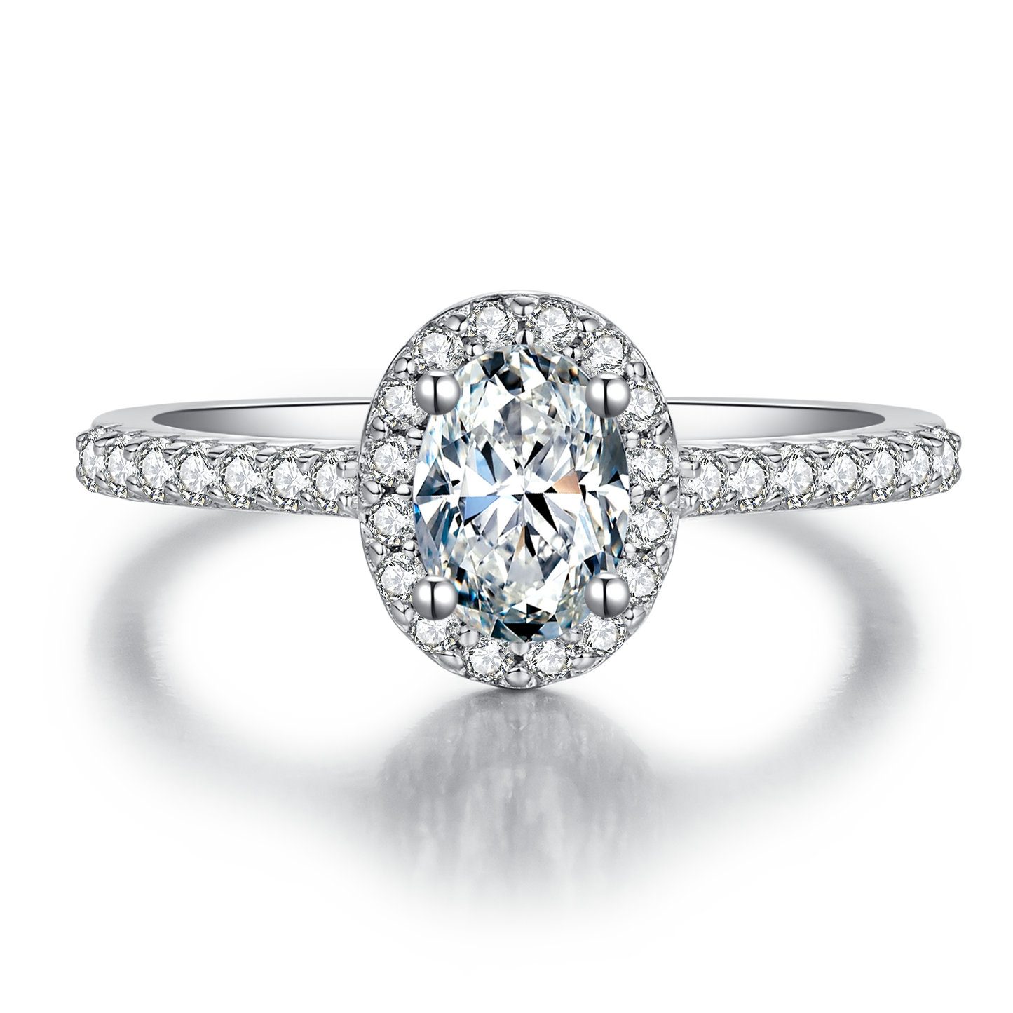 A silver oval halo ring.