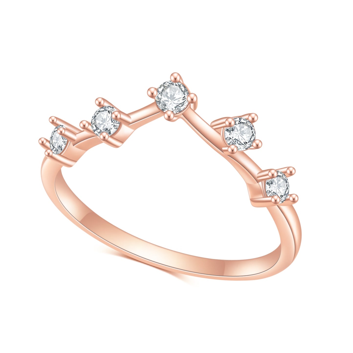 A rose gold chevron style wedding ring set with 5 small round spaced apart moissanites.