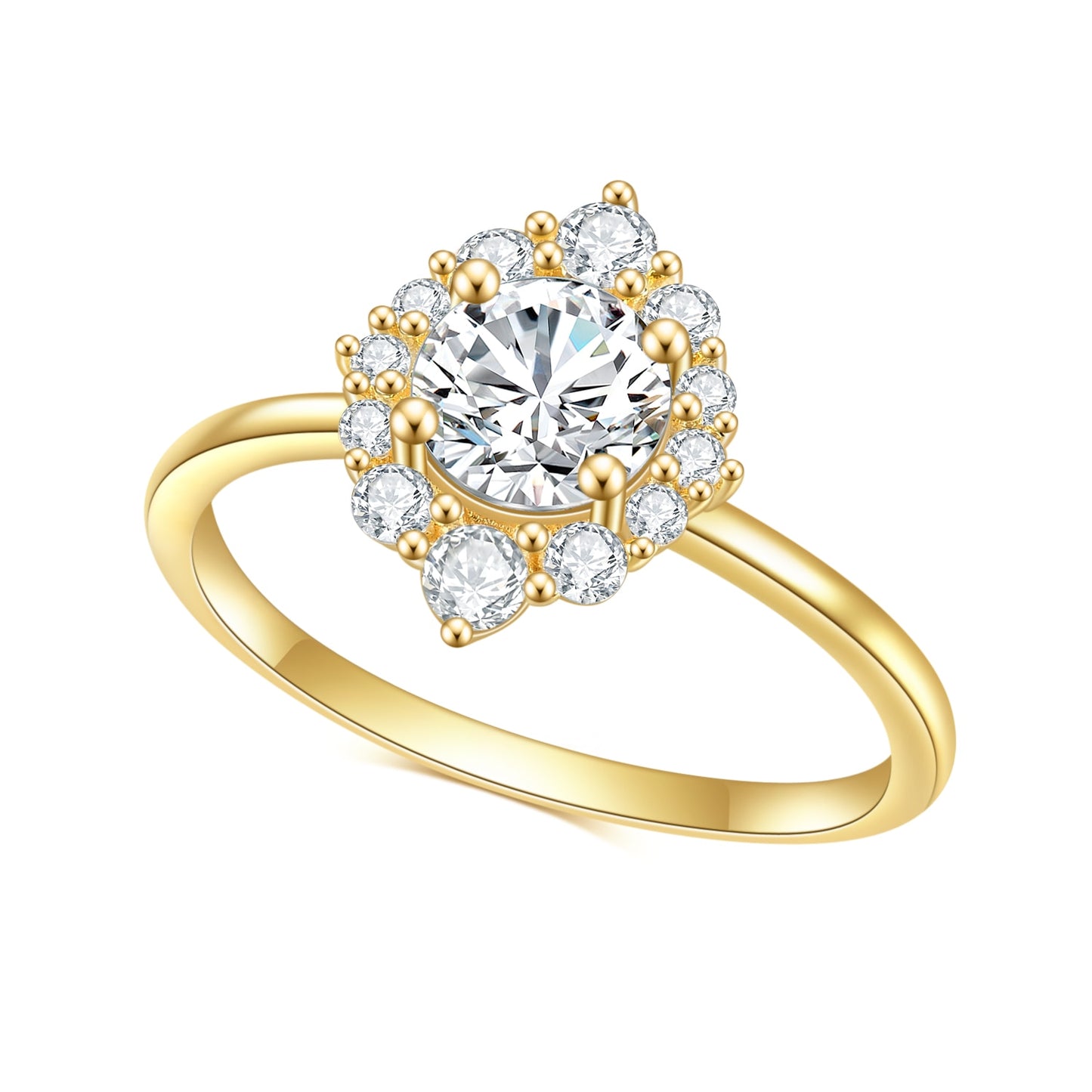A gold round cut ring with a oval halo around it.