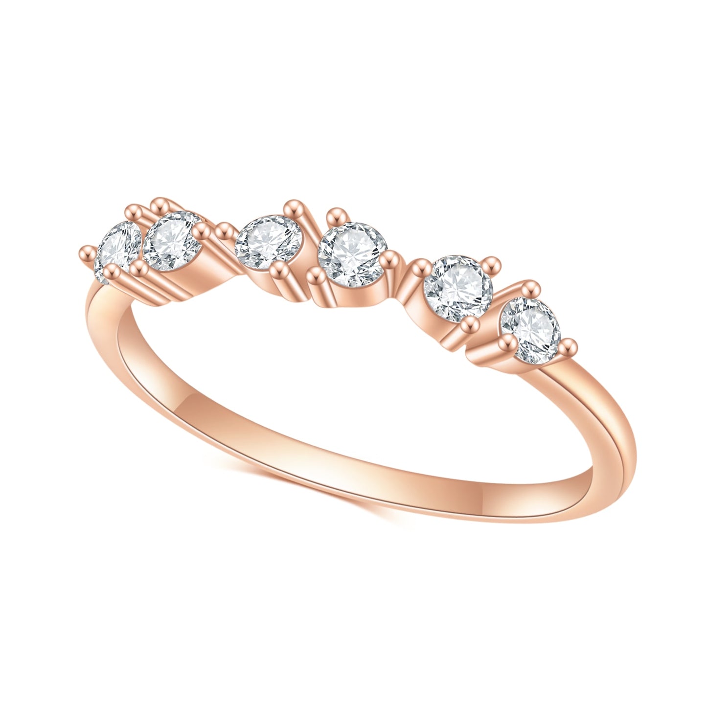 A rose gold wedding band with 3 pairs of 2 moissanites spaced horizontally on the ring slightly spaced apart.