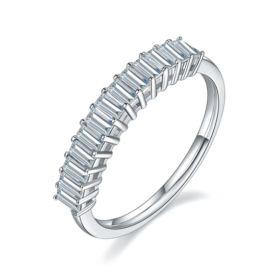 A silver partial eternity wedding ring set with vertical emerald cut moissanites.