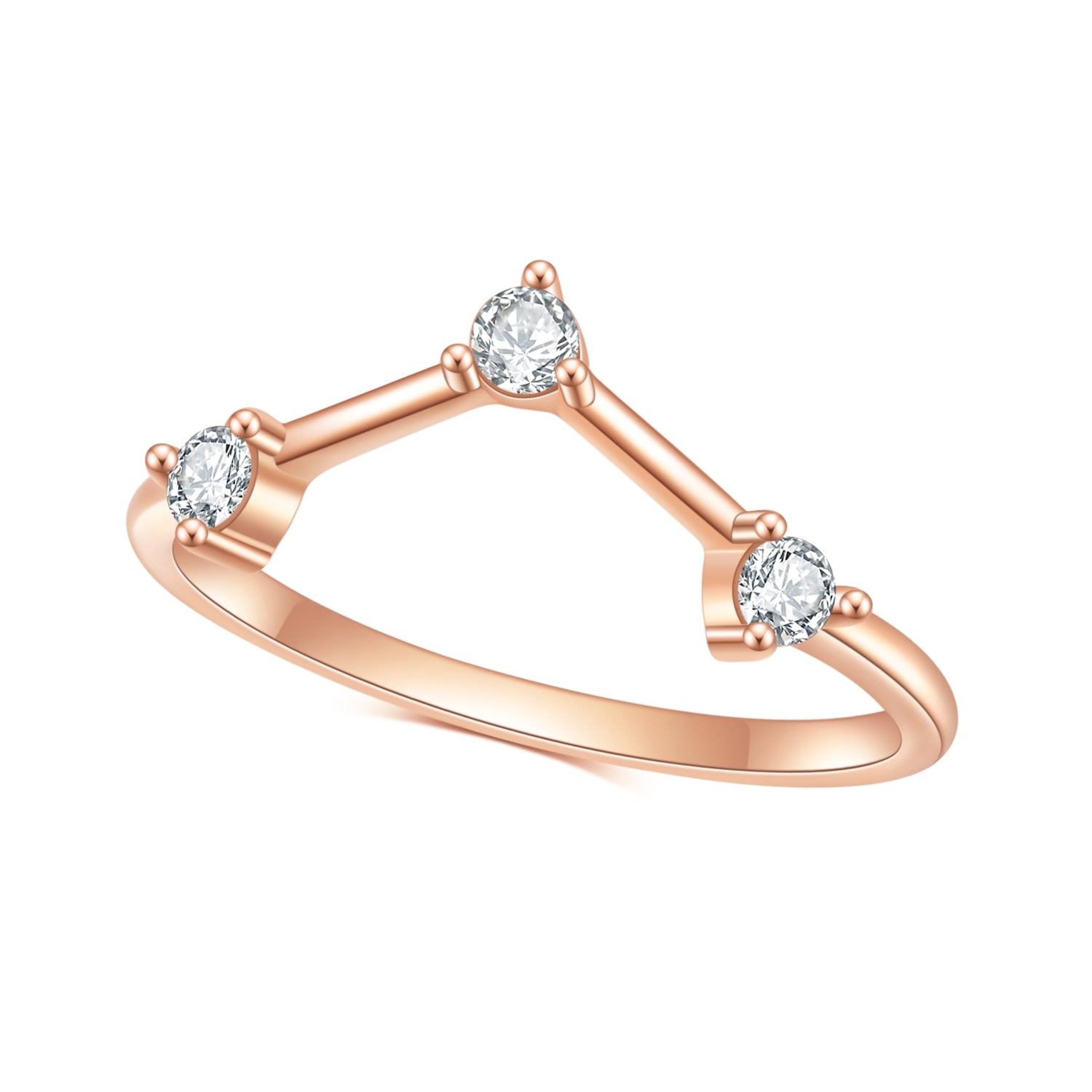 A rose gold 3 stone chevron style wedding ring.