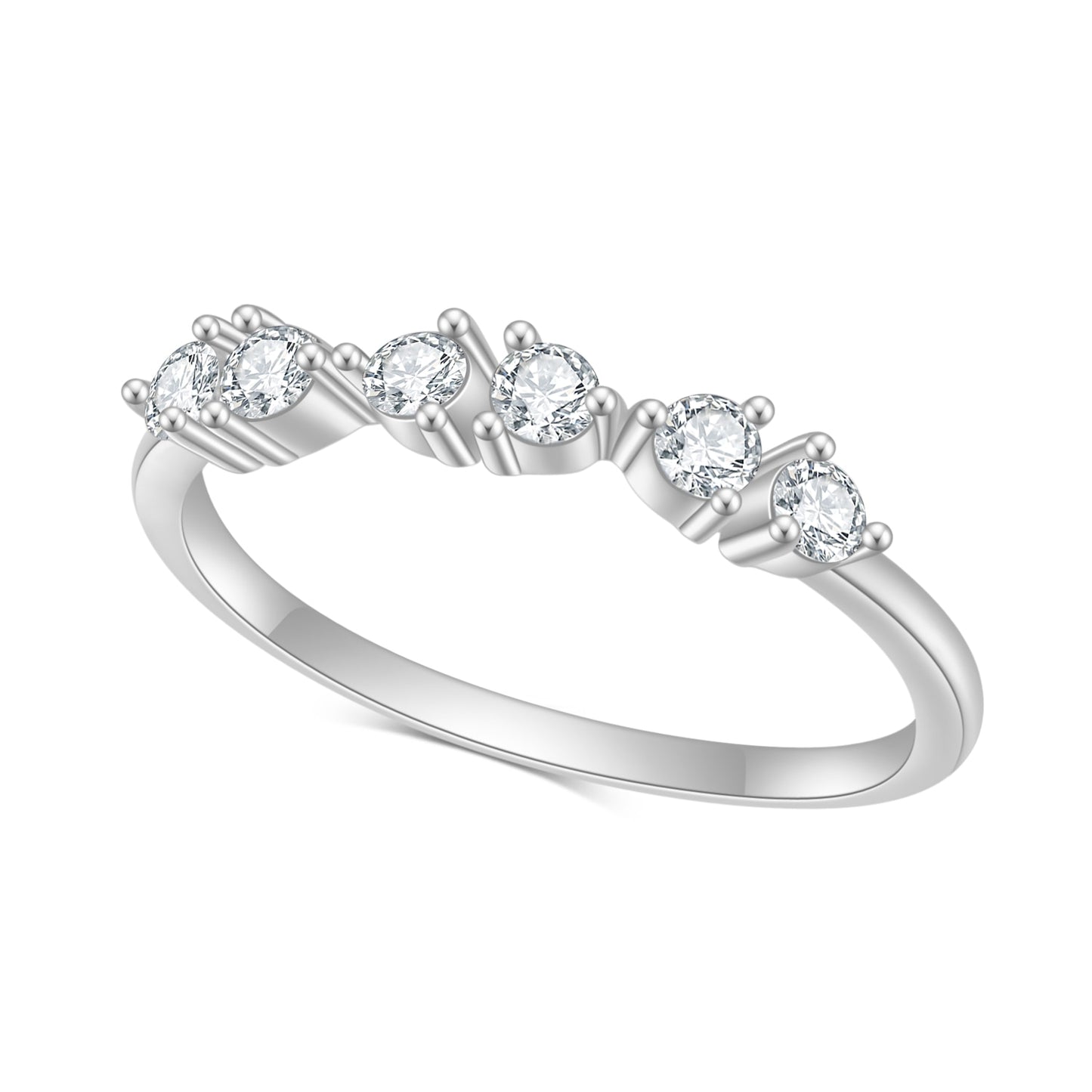 A silver wedding band with 3 pairs of 2 moissanites spaced horizontally on the ring slightly spaced apart.