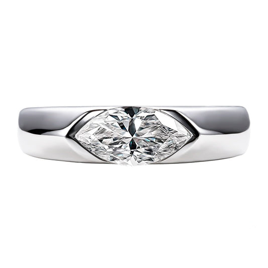 A marquise cut moissanite tension set east to west in a thick sterling silver band.