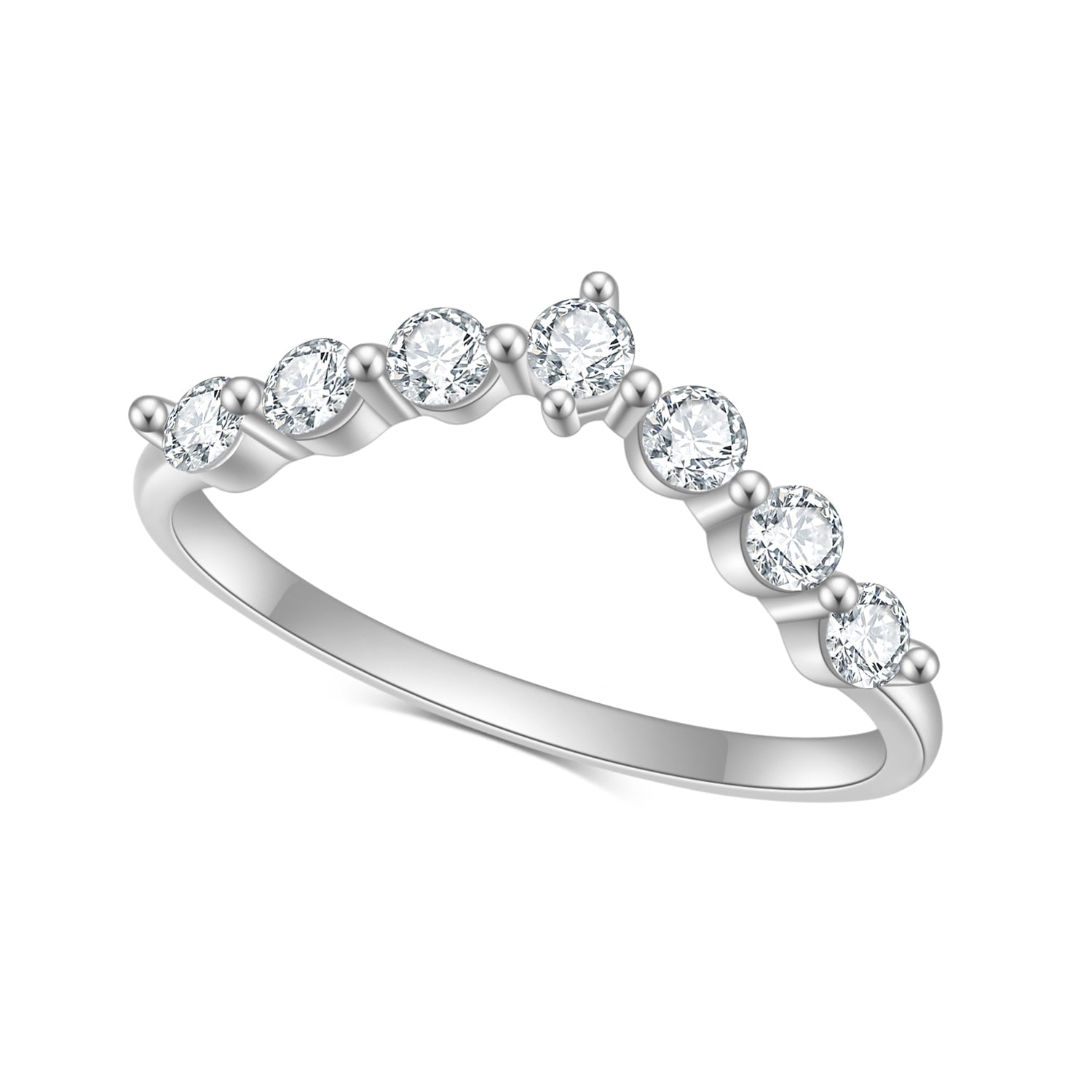 A silver chevron style wedding ring set with 7 round small moissanites.