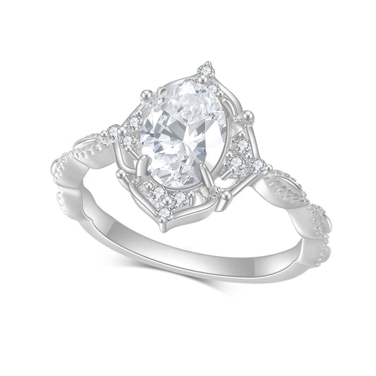 Solid white gold vintage style halo engagement ring set with an oval cut moissanite.