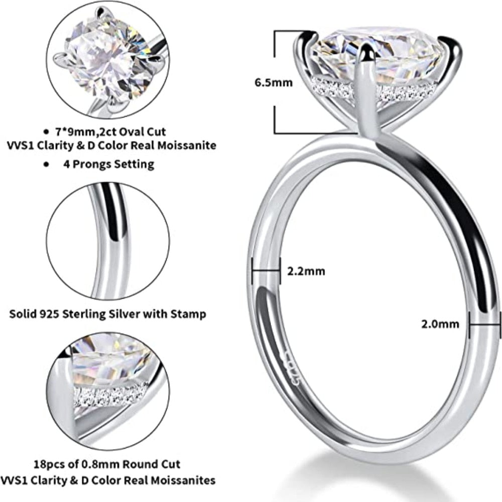 A silver oval cut hidden halo engagement rings with gem stone size and amount..