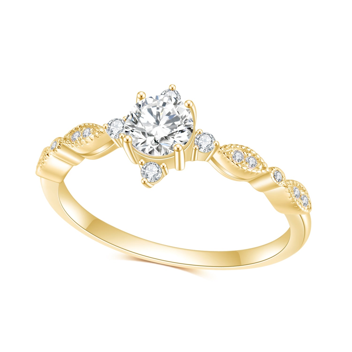 A gold vintage inspired engagement ring set with a round moissanite and 4 small zircons on all four sides.