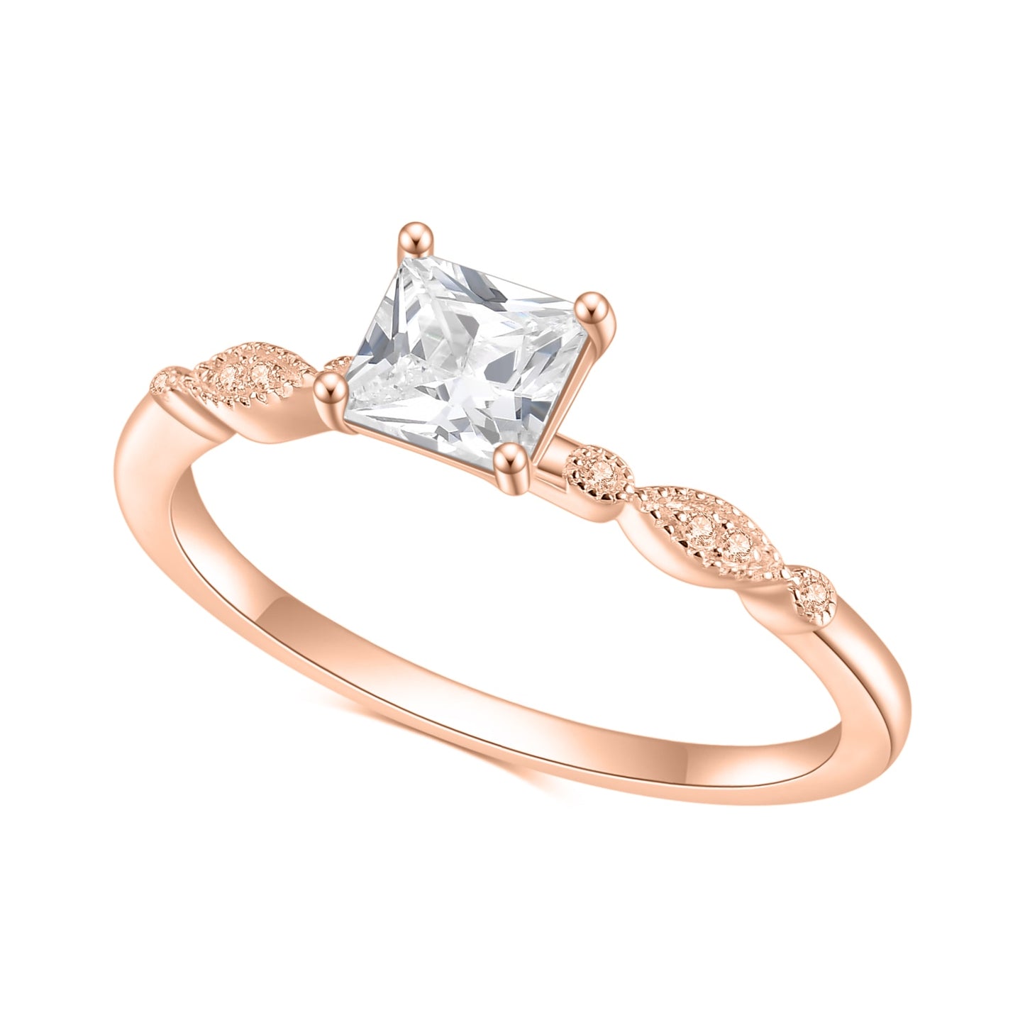 A rose gold art deco princess cut moissanite engagement ring.