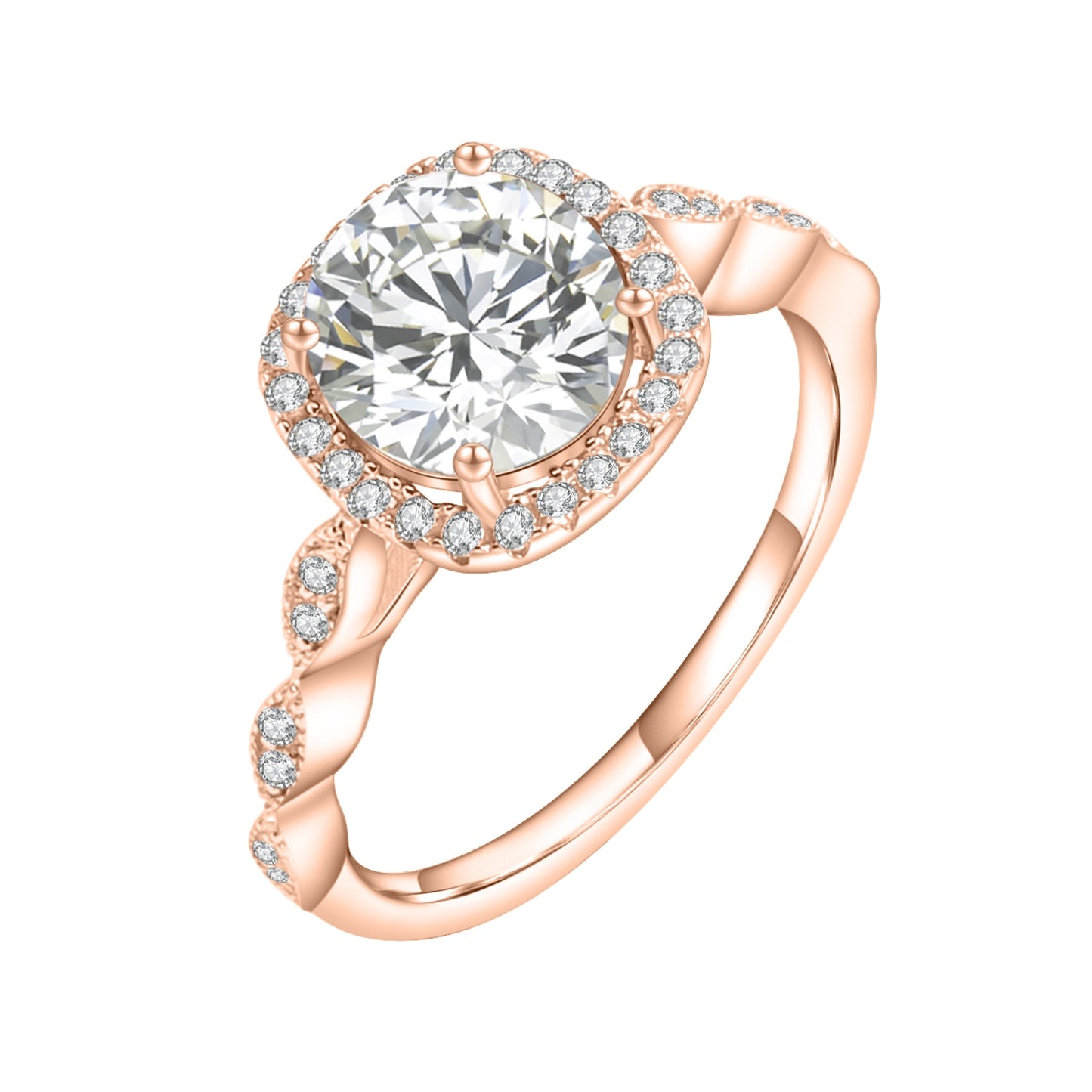 A rose gold squared halo ring set with a 2CT round moissanite on a scalloped gem encrusted band.