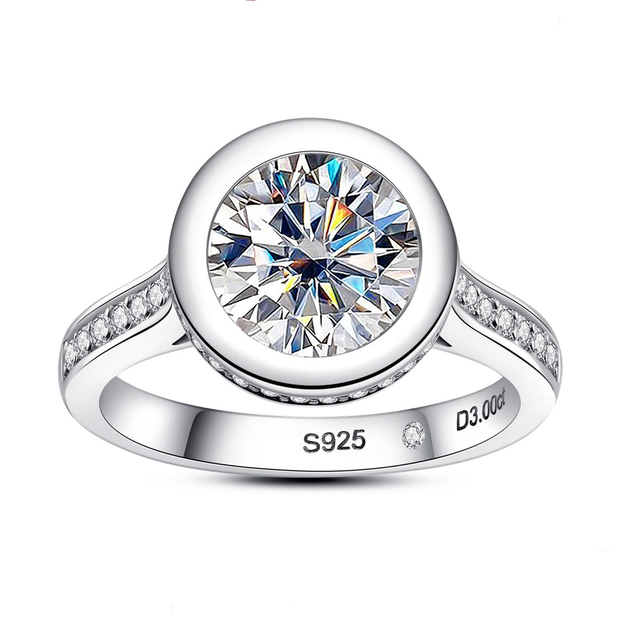 A 3CT moissanite, bezel set in a floating setting on a pave band.