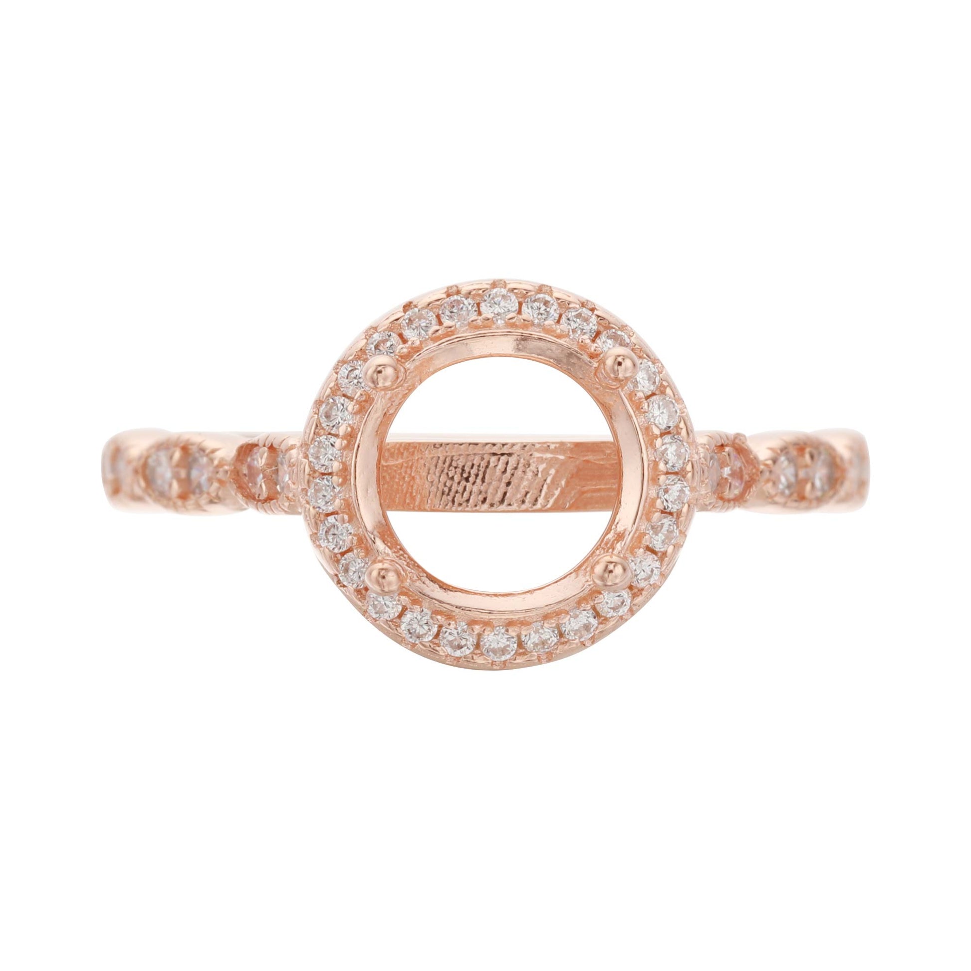 A rose gold round halo art deco style semi mount.