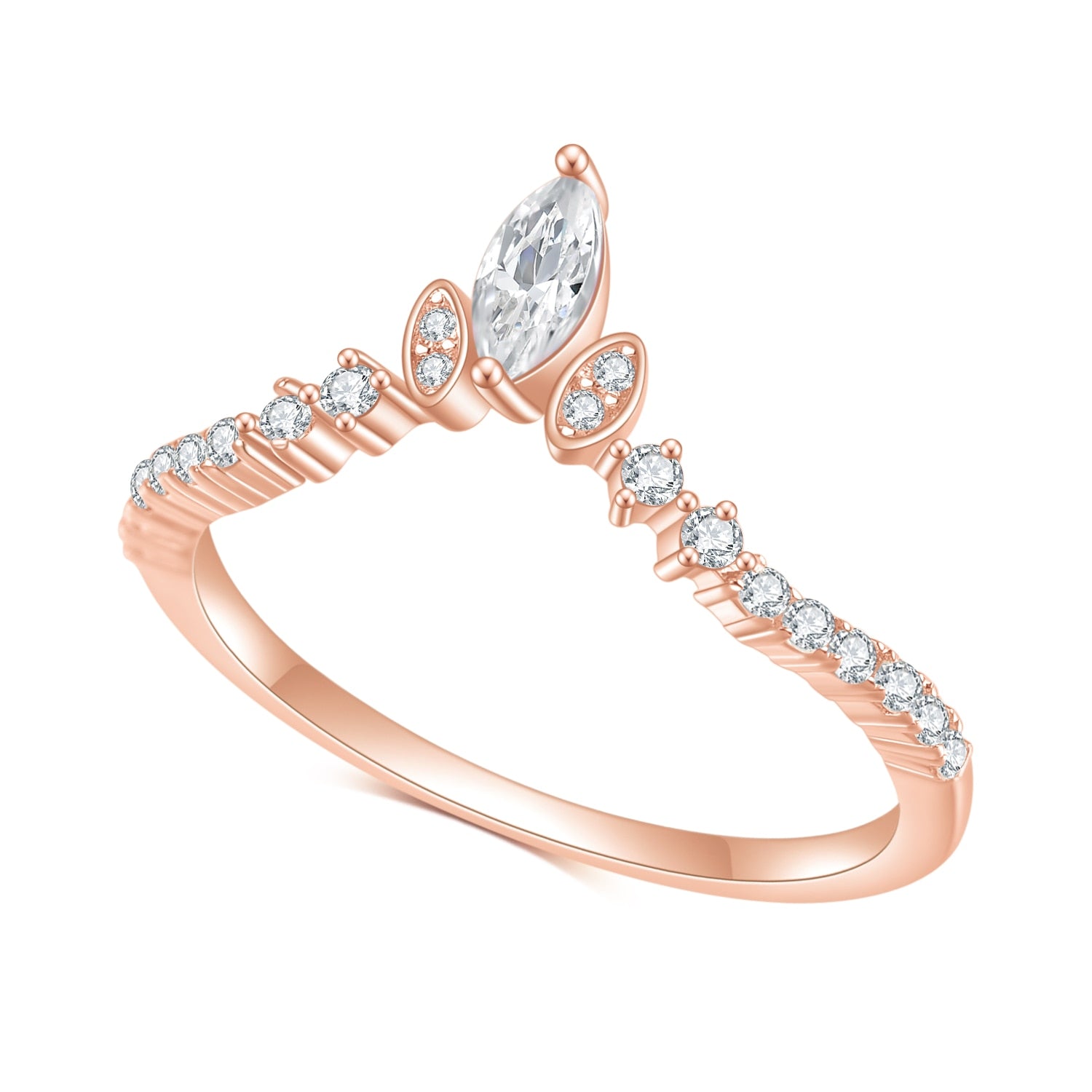 A rose gold chevron style wedding ring set with several small round moissanites set horizontally and two bezel set moissanites and one larger prong set moissanite at the V.