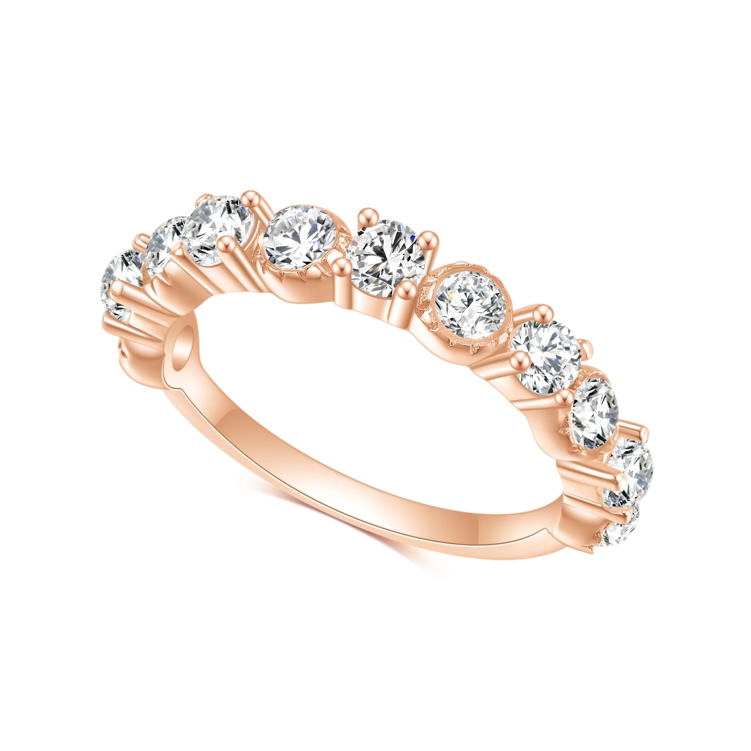 A rose gold wedding ring set with round moissanites, alternating between prong and bezel set.