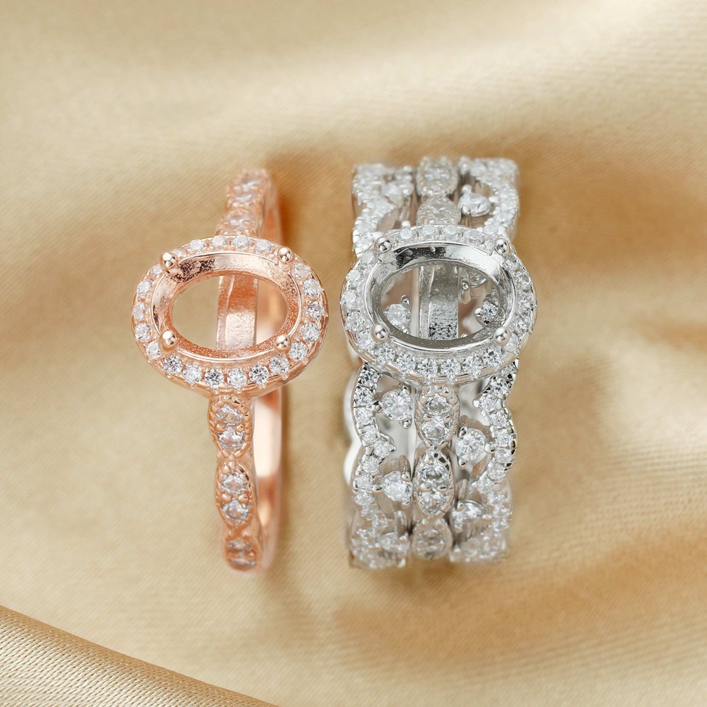 Silver 3 Piece wedding semi mount set  and rose gold halo engagement ring.