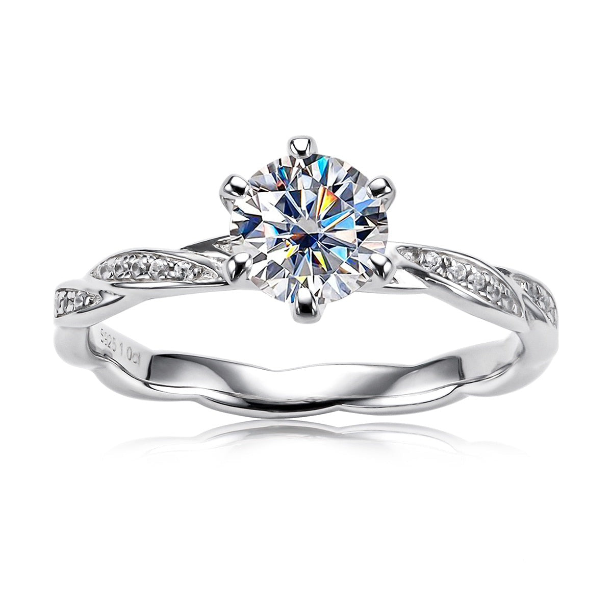 A silver ring with a twisted pave band and set with a round 1CT moissanite.