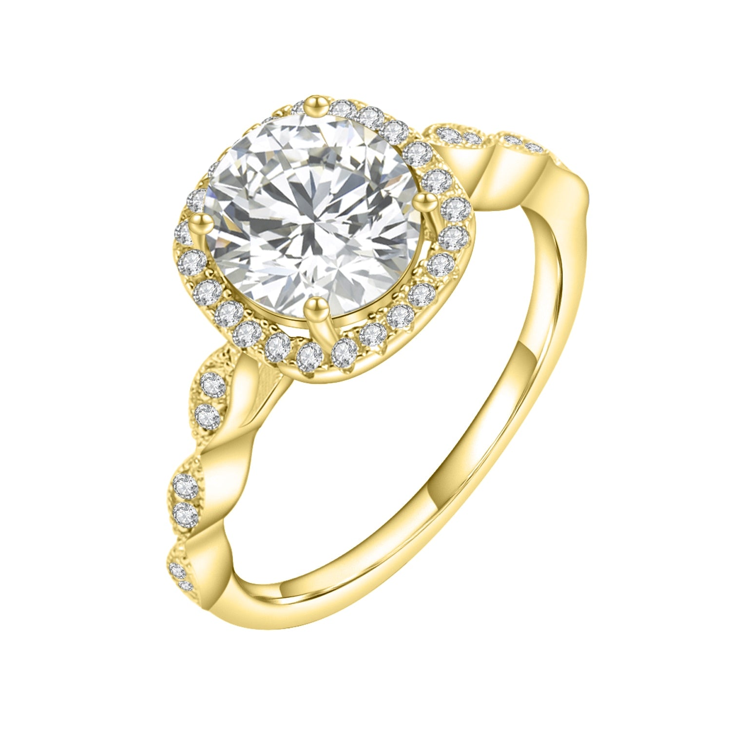 A gold squared halo ring set with a 2CT round moissanite on a scalloped gem encrusted band.