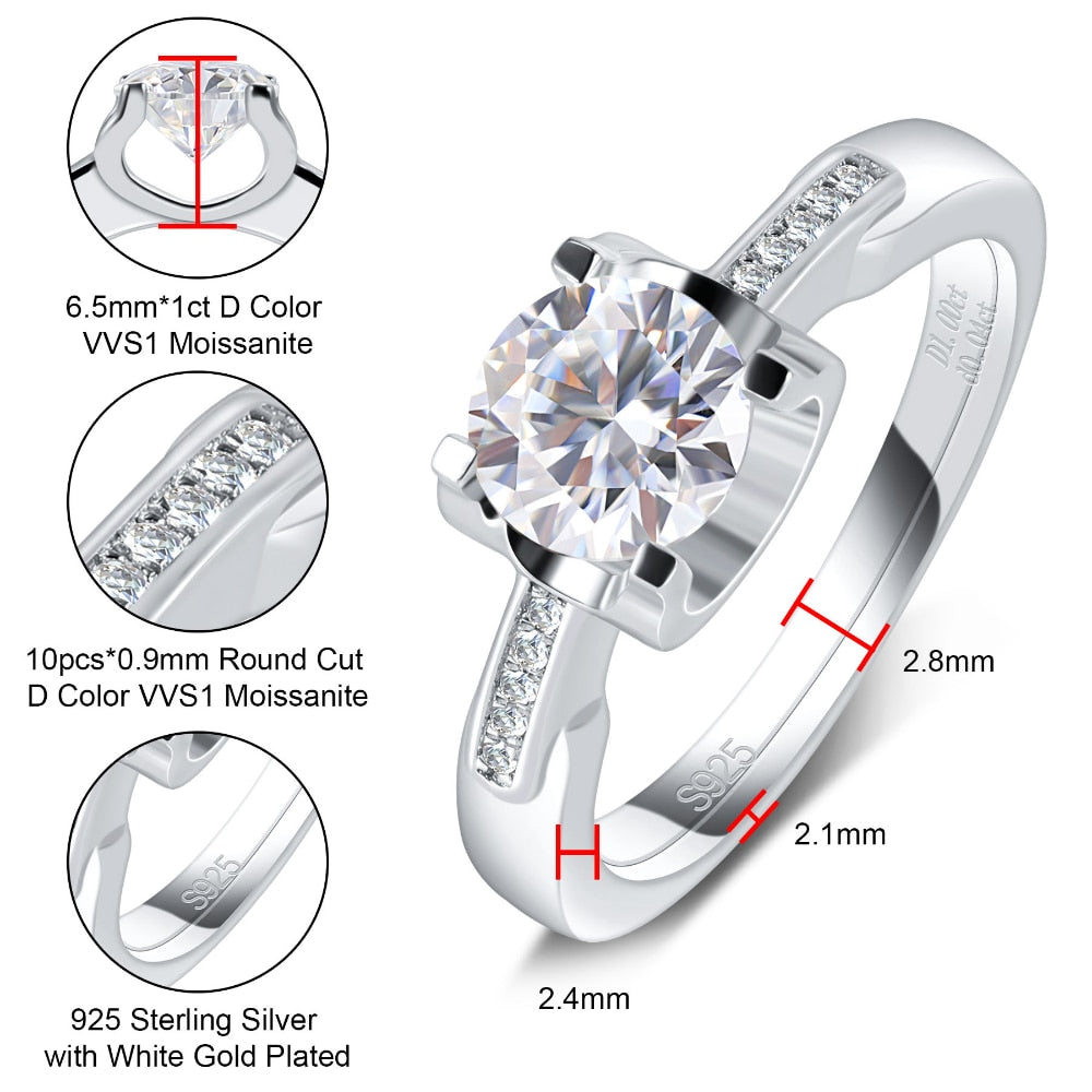 A silver tension set engagement ring with a tapered pave shank with gems numbers and sizes.