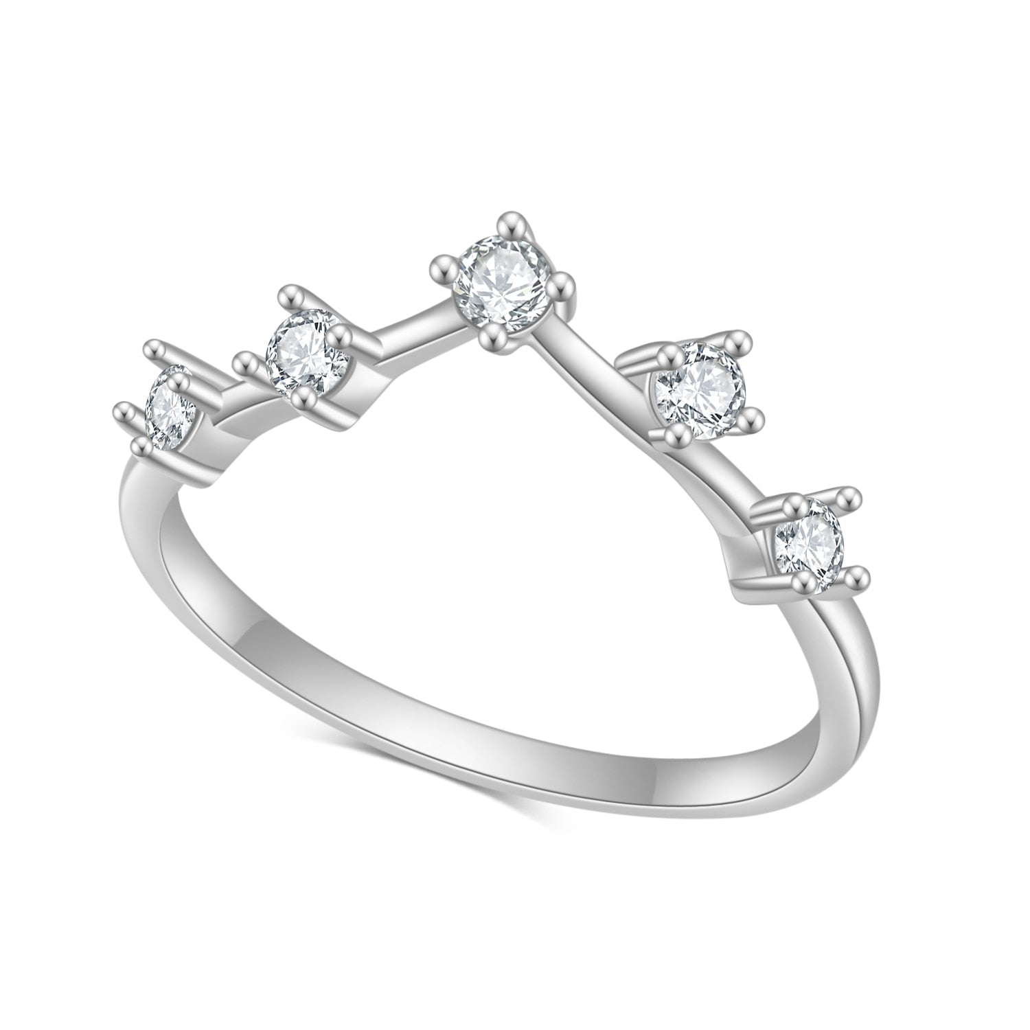 A silver chevron style wedding ring set with 5 small round spaced apart moissanites.