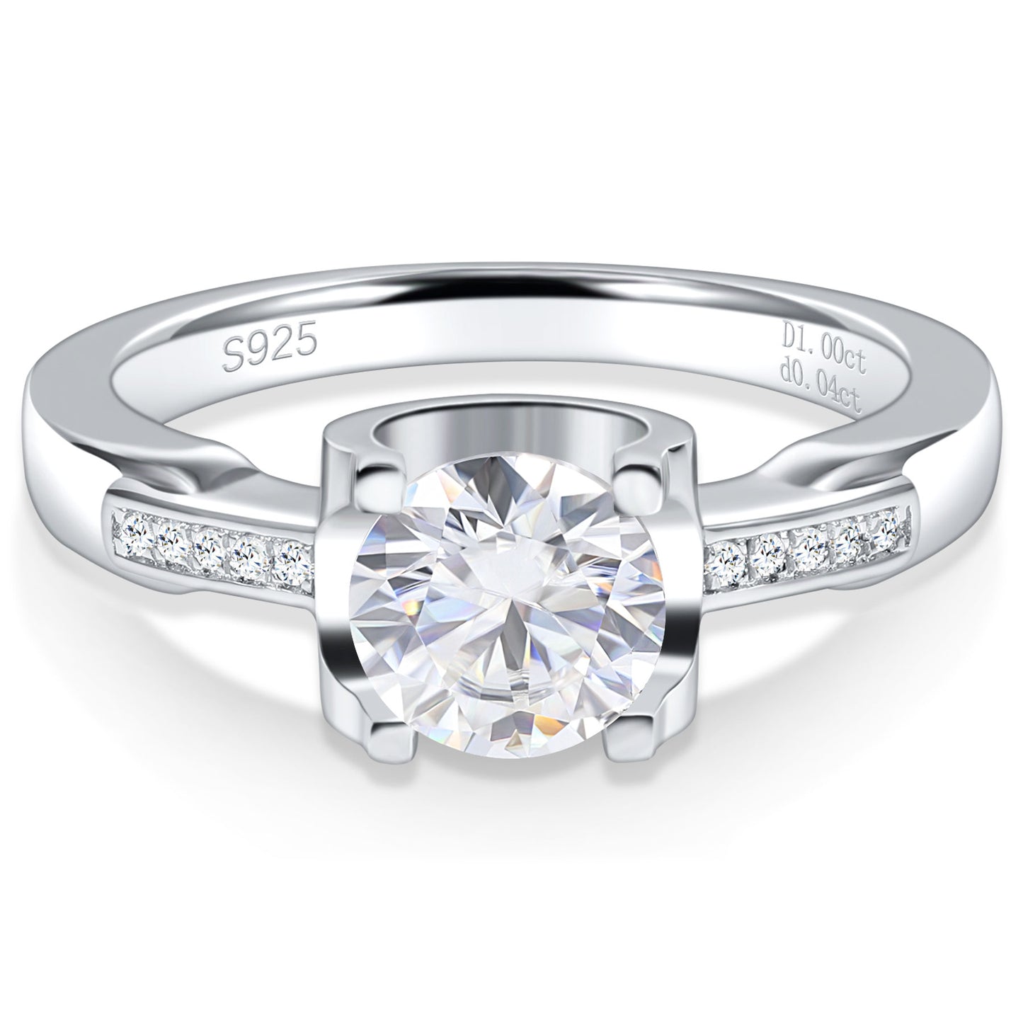 A silver tension set engagement ring with a tapered pave shank.