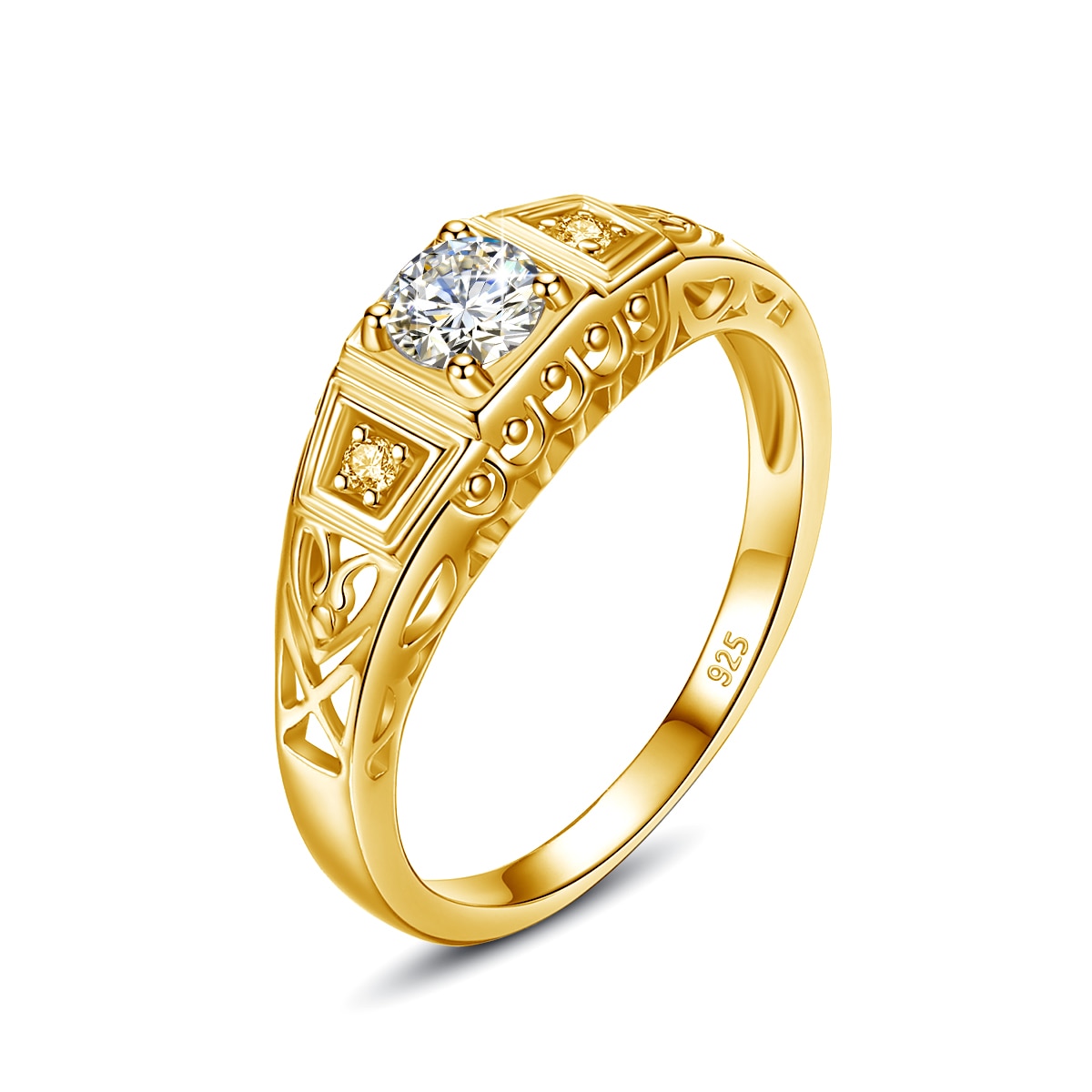 A gold Edwardian style vintage filigree engagement ring with a larger stone surrounded by two smaller side stones.