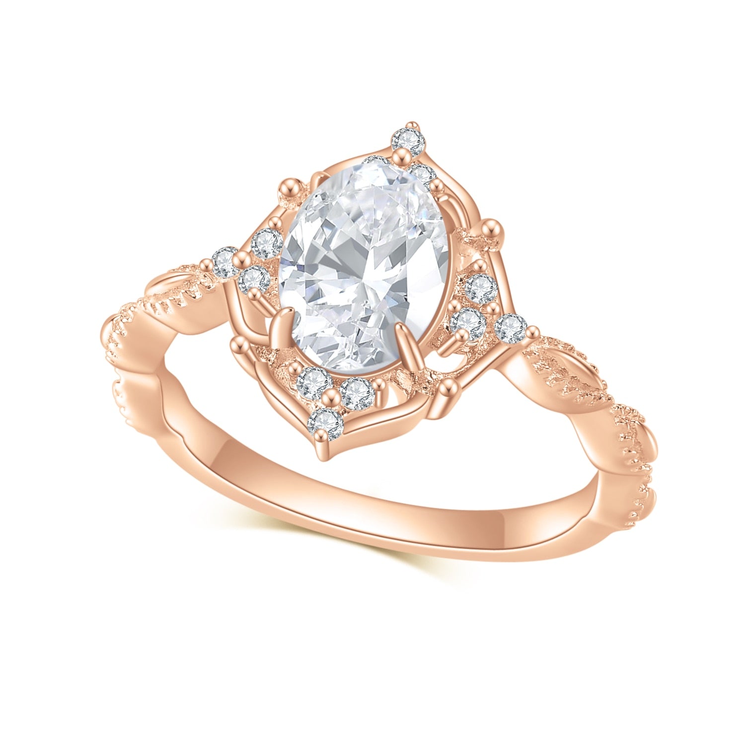 Solid rose gold vintage style halo engagement ring set with an oval cut moissanite.