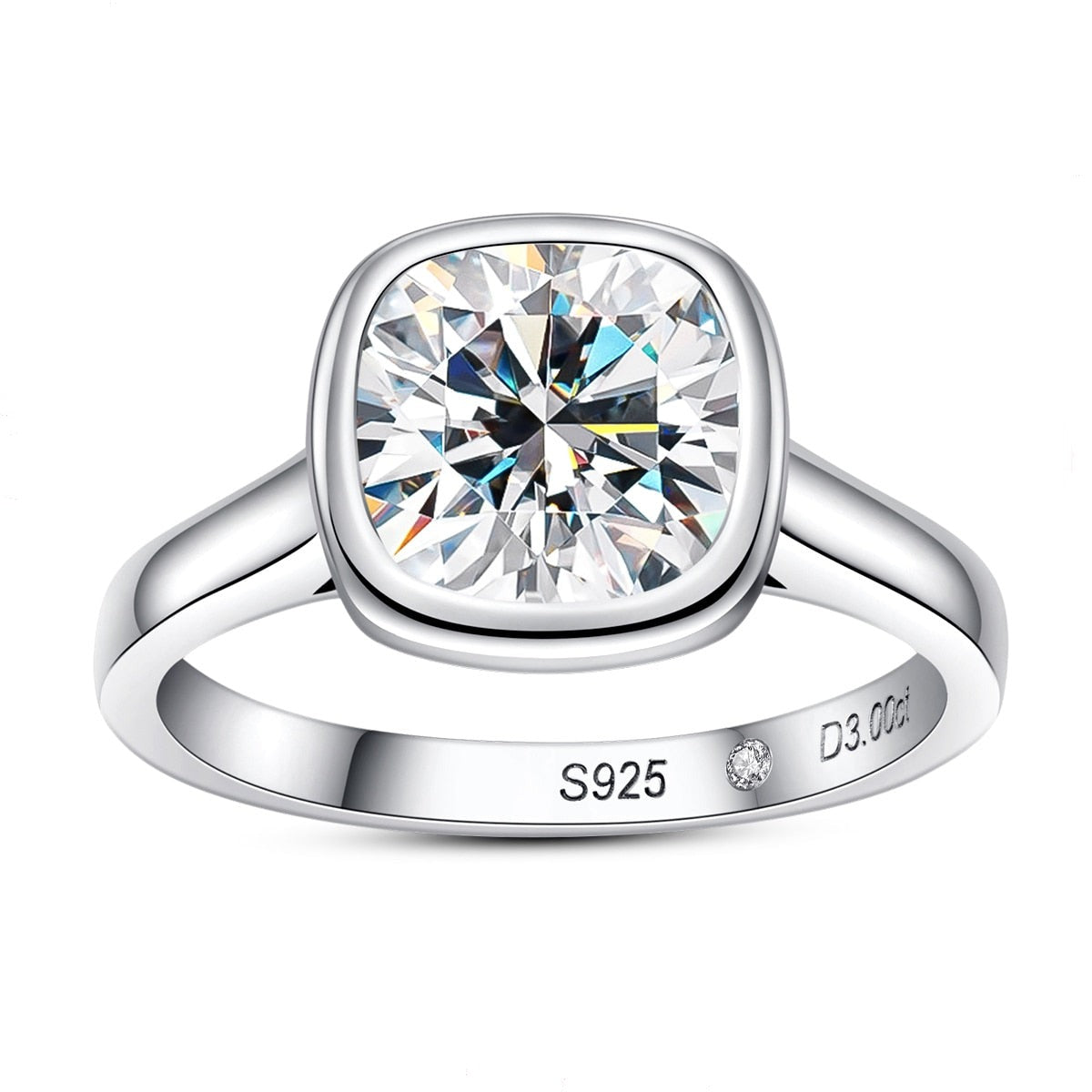 A sterling silver ring with a 3CT cushion cut moissanite gem bezel set.