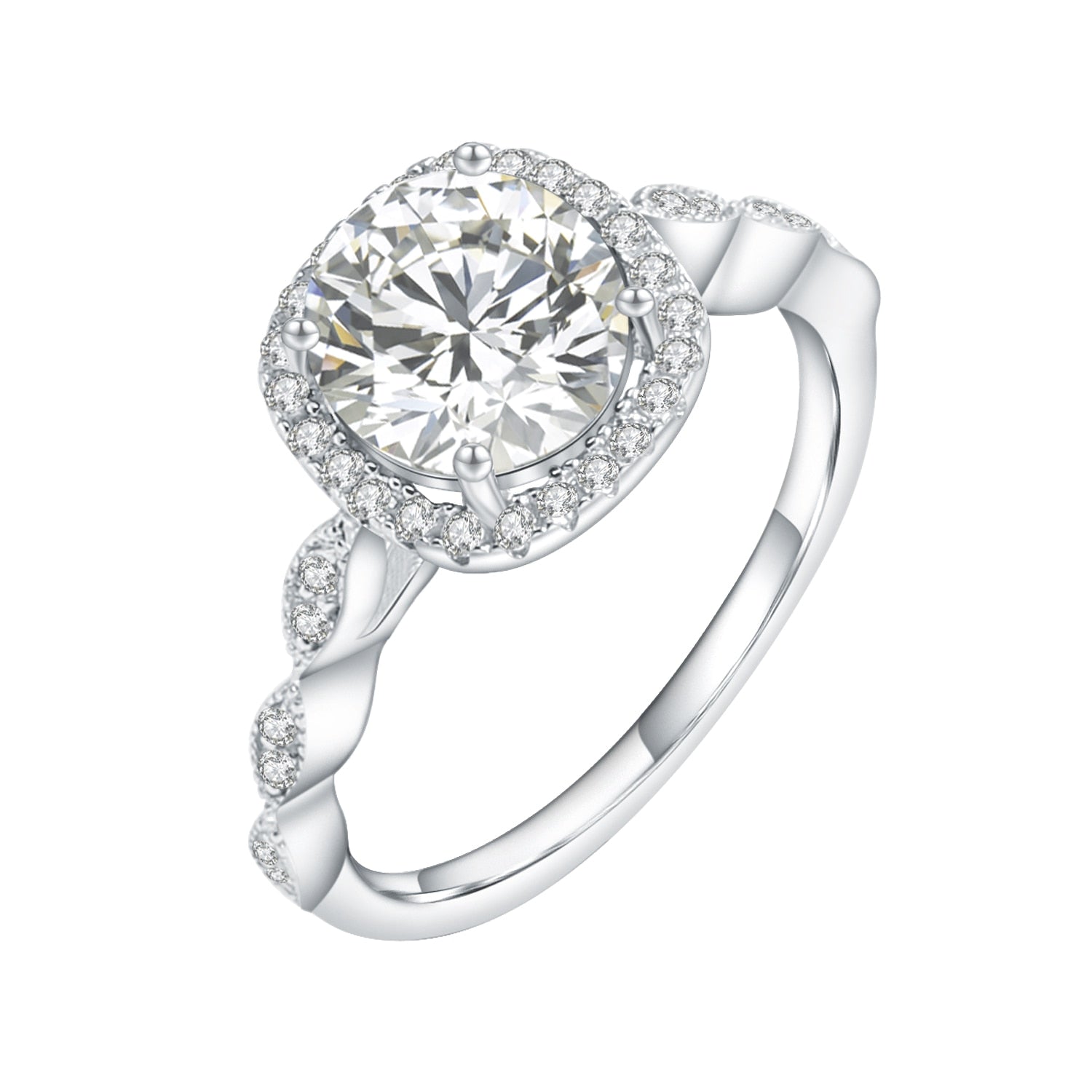 A silver squared halo ring set with a 2CT round moissanite on a scalloped gem encrusted band.