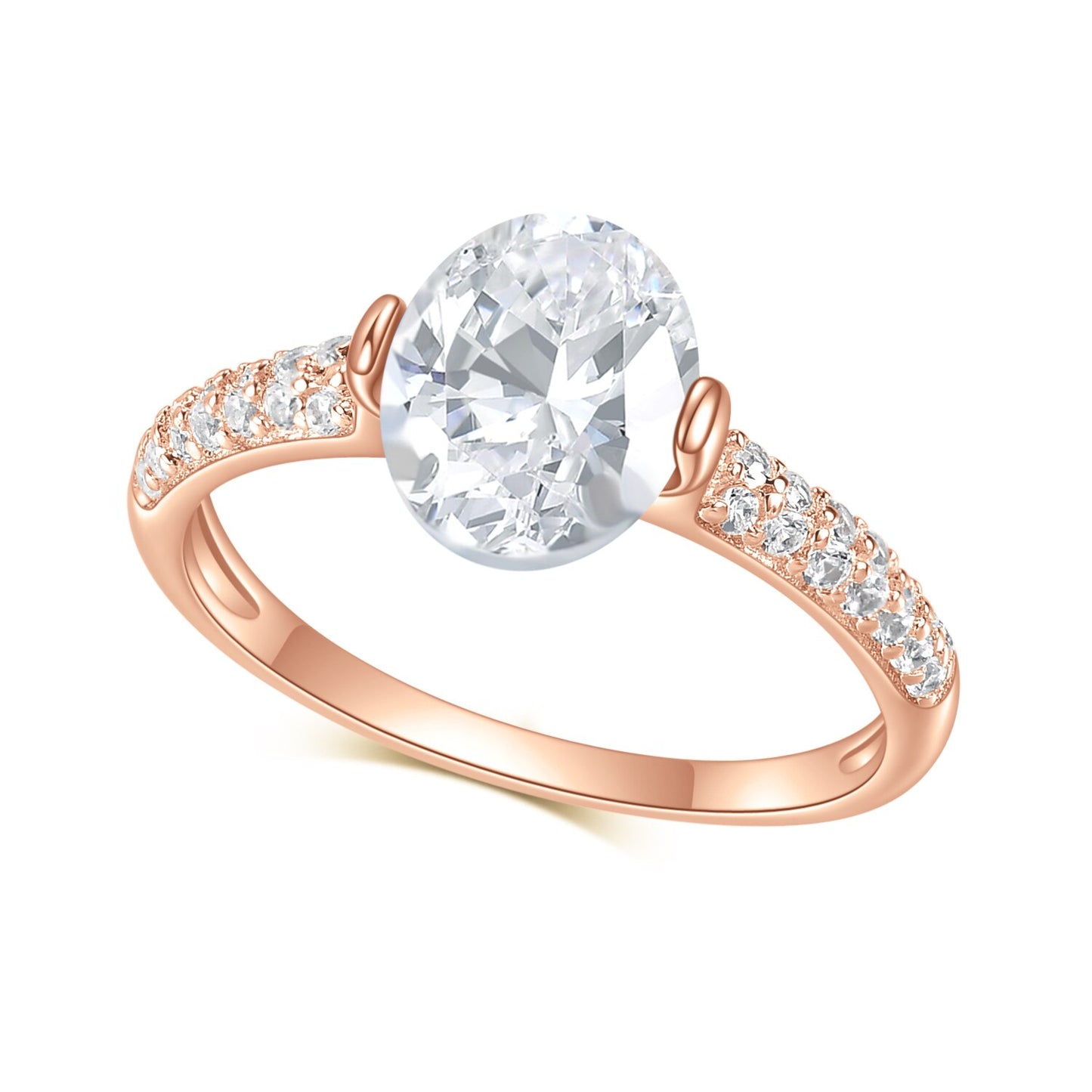 A rose gold tension set ring with a oval moissanite and double row pave band.