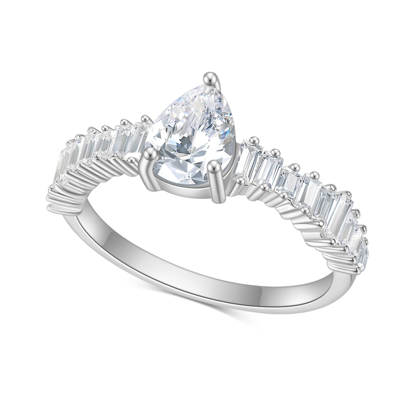 A silver ring with a tear drop shape moissanite on a band of varying side emerald cut gems set horizontally.