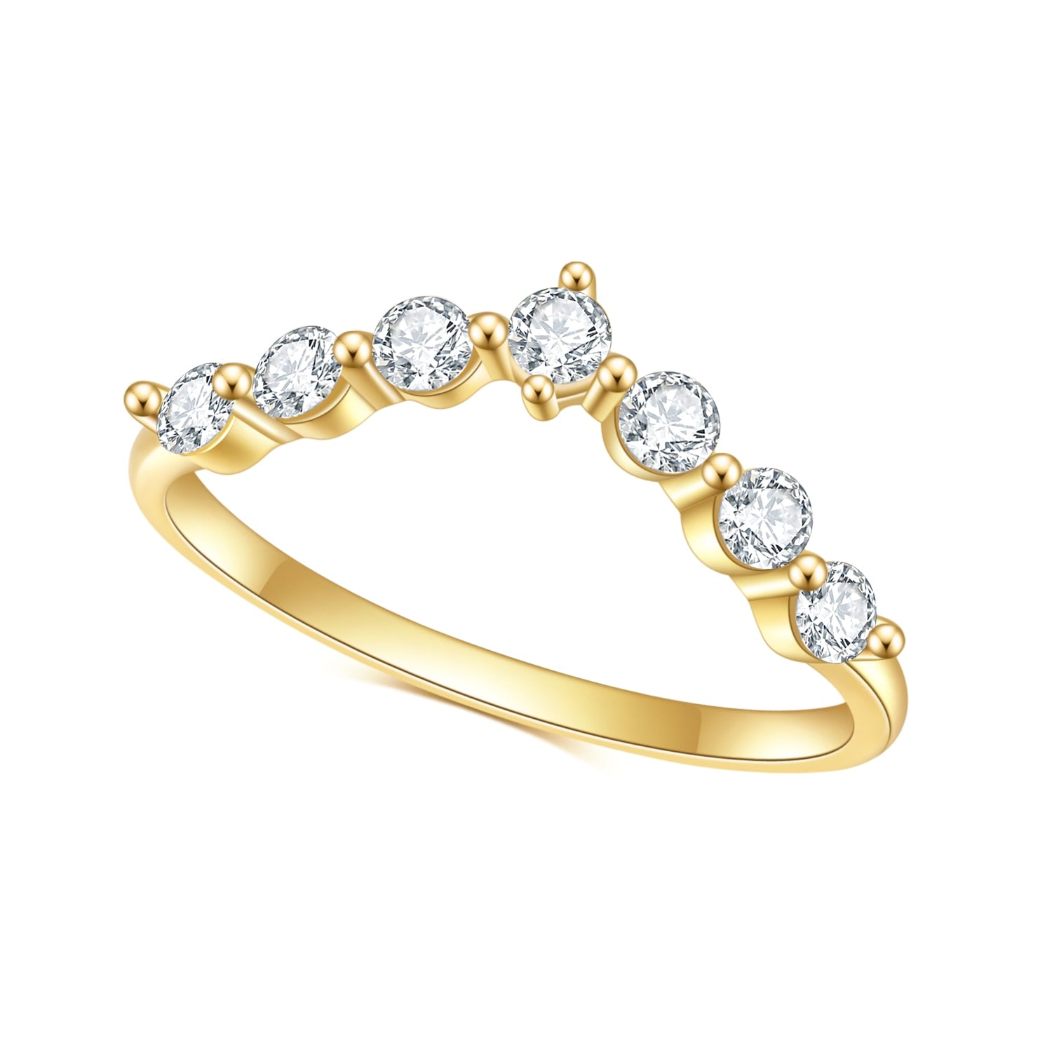 A gold chevron style wedding ring set with 7 round small moissanites.