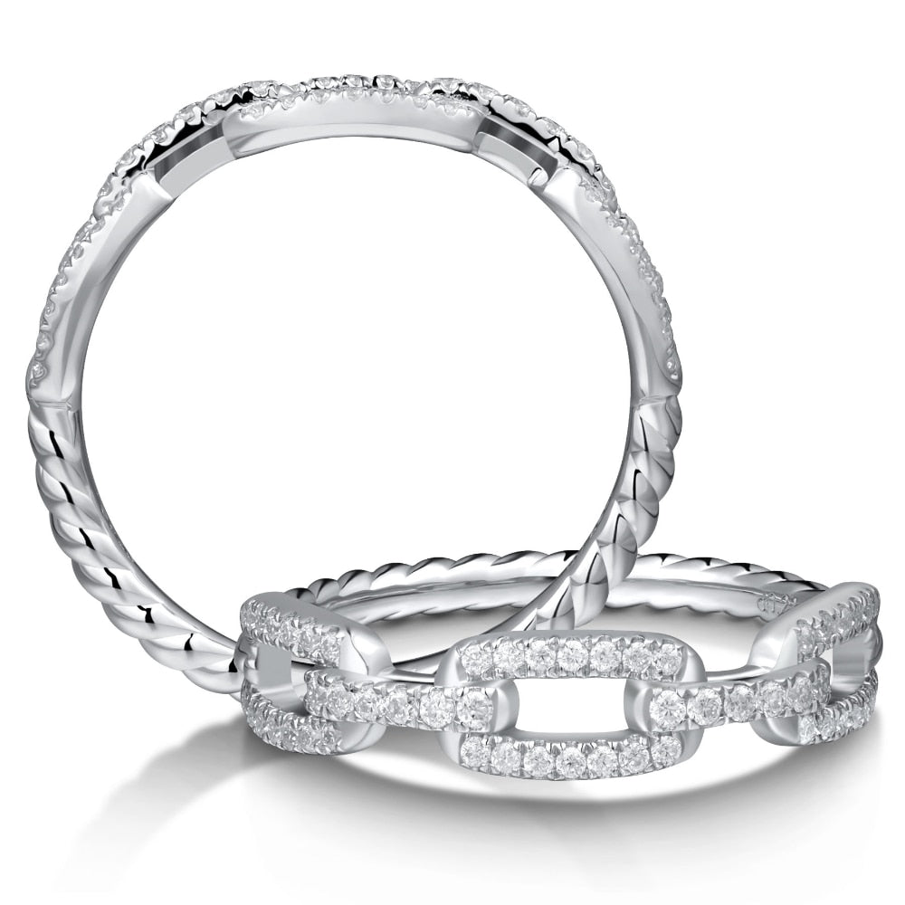 Two silver gem studded half chain link rings and half silver rope style.