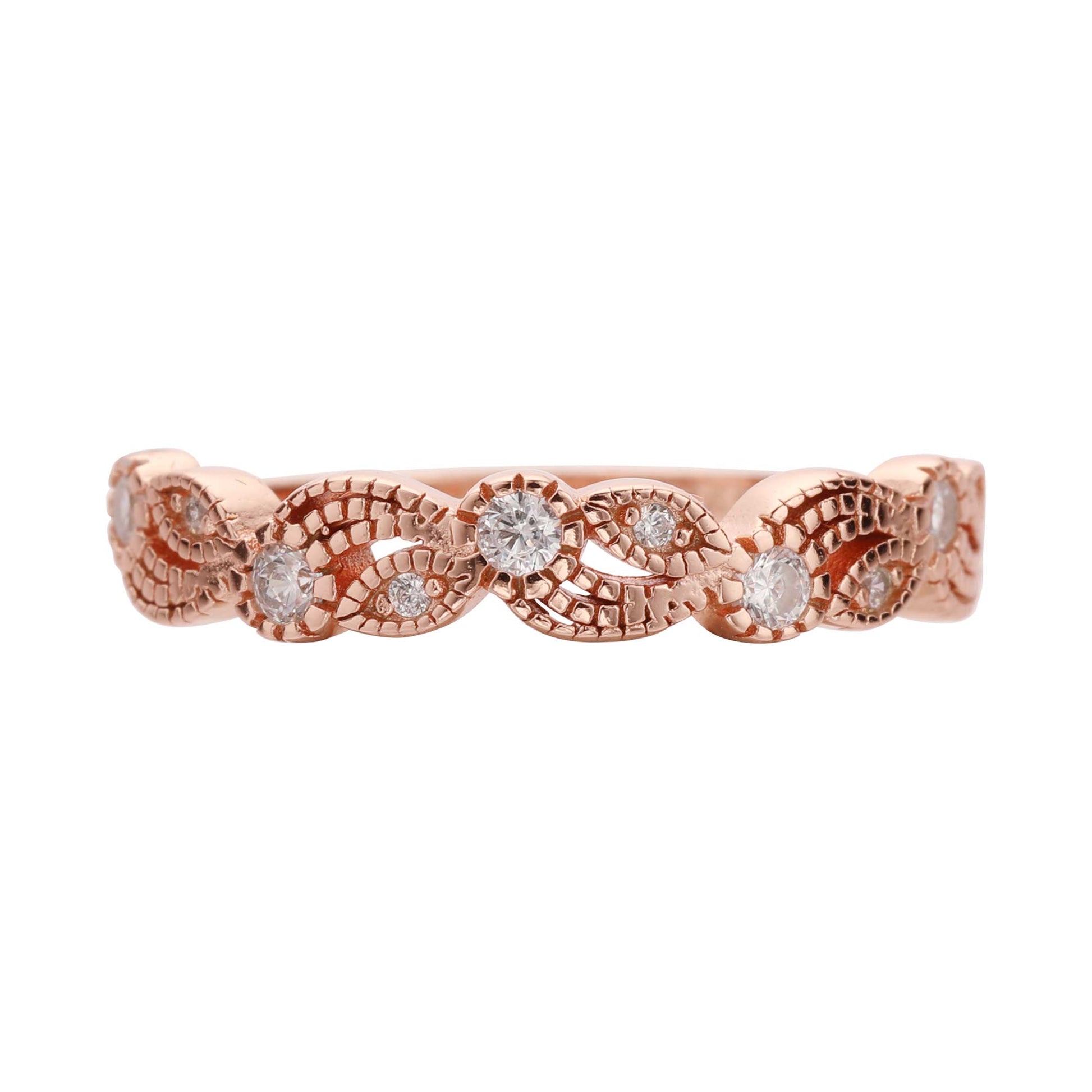 A rose gold swirl and leaf designed band set with clear small gems.