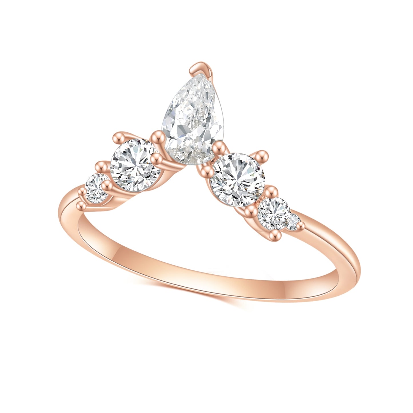 A rose gold chevron wedding ring with a marquise and round gems on either side.